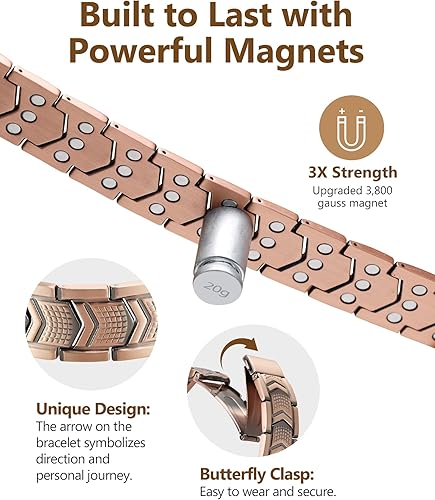 Miniatura 3 de Feraco Pulsera de cobre para hombres 3 veces más fuerza, pulsera de terapia magnética de cobre con potentes imanes de 3800 Gauss, cierre plegable de