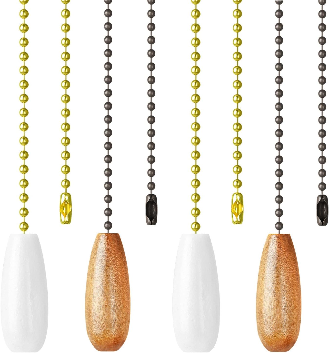 Ceiling Fan Pull Chain, 2 Pack Wooden Pendant Pull Chain Extension, 12 Inches Decorative Chain Pulls for Ceiling Light Fan Lamp, Beads Ball Pull Chain Extenders with Connector,White+Yellow