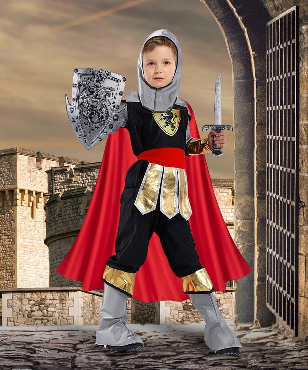 TOLOYE Disfraz Caballero Medieval Niño, Disfraz Romano Niño con Casco Espada Escudo Capa, Regalo para Niño, Disfraz Medieval Traje Medieval para Carnevale Cosplay Halloween Navidad Cumpleaños