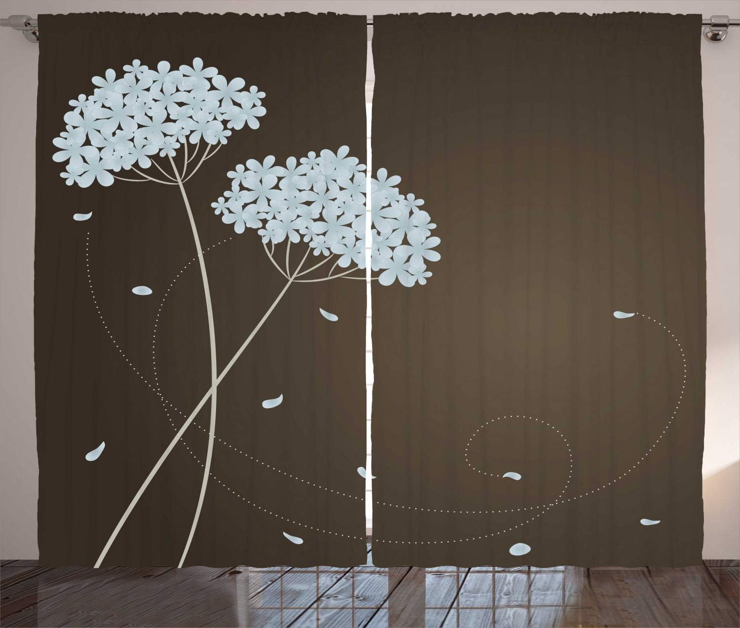 Ambesonne Brown and Blue Curtains, Floral Design with Swirl Lines Falling Leaves Autumn Inspired, Living Room Bedroom Window Drapes 2 Panel Set, 108" X 96", Brown Seafoam