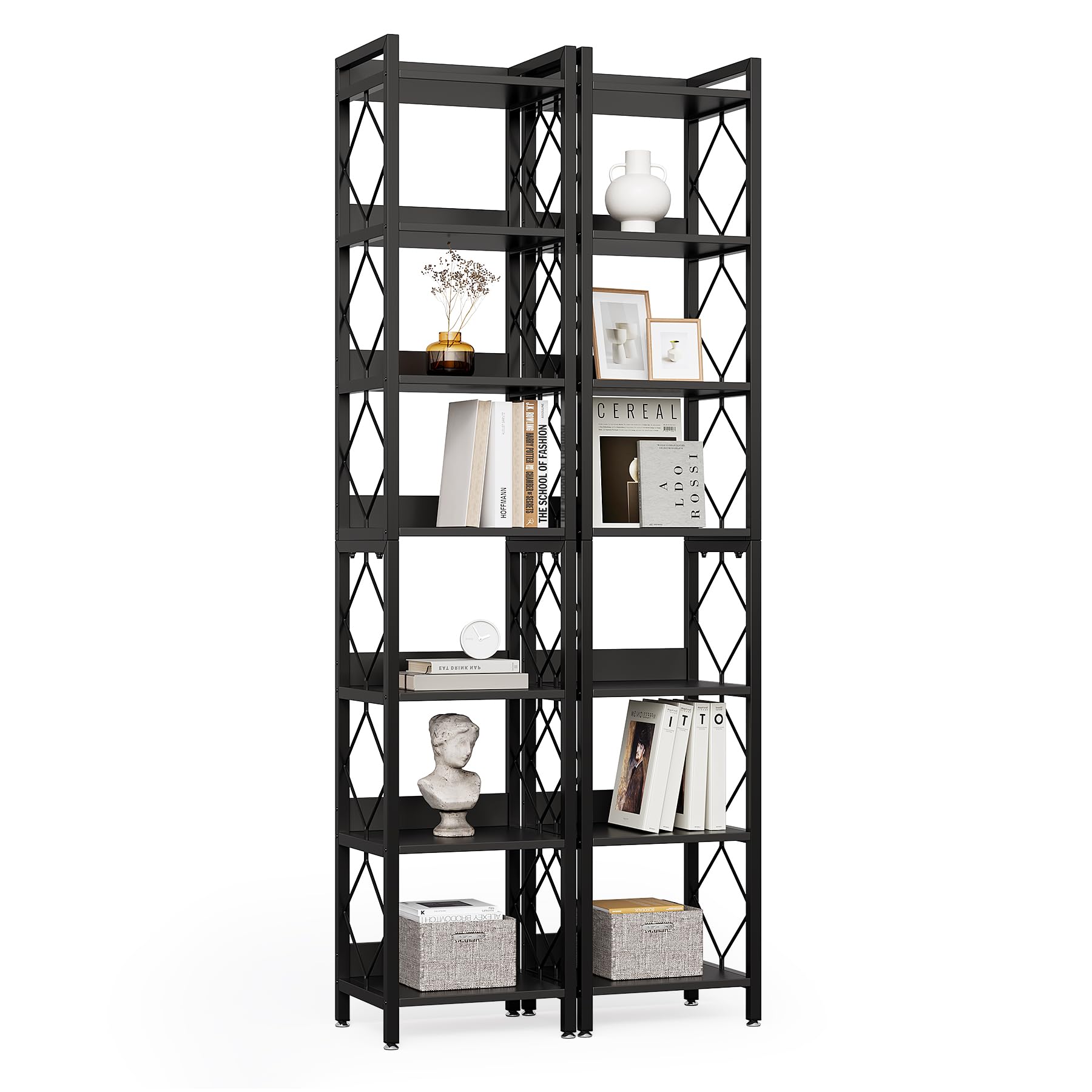 LITTLE TREE Book Shelf Set of 2, 7-Tier Tall Bookcase, Wooden Display Shelves with Metal Frame for Living Room, Modern Narrow Standing Bookshelves for