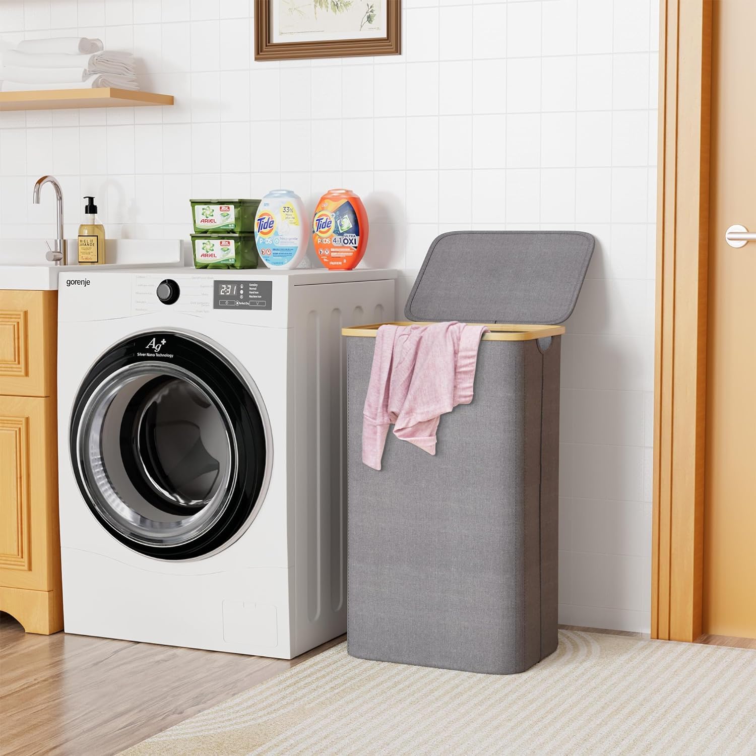 Cesto Ropa Hamper Cesto Plegable para La Colada con Tapa, Cesta para Ropa Asas De Bambú para Dormitorio, Baño, Cuarto Lavado Accesorio Lavandería(Gray)