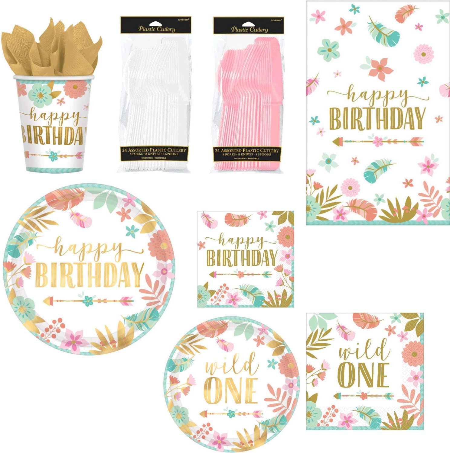 1st Birthday Party Supplies Bundle for 16 Guests | Baby Girl Boho Wild One Theme | 98 Piece Set Includes: Plates, Napkins, Cups, Table Cover, Cutlery & Party Planning eBook (Standard)