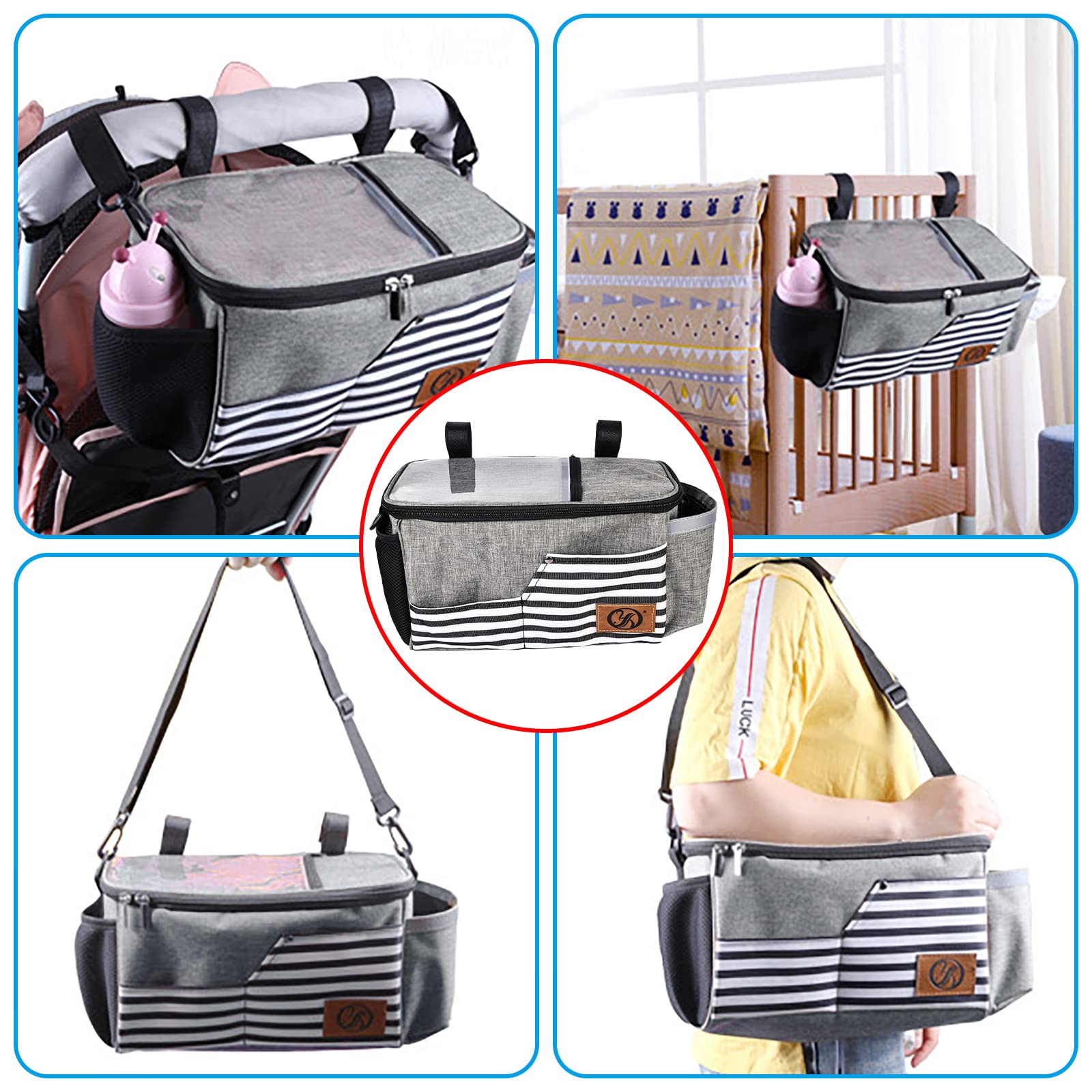 Borsa Per Passeggino Custodia Per Passeggino Grande Capacità Organizer Passeggini Multifunzionale, Neonato Accessori Bambinio Con Tracolla, Impermeabile Per Adatto a Tutti i Modelli di Buggy (Grigio)
