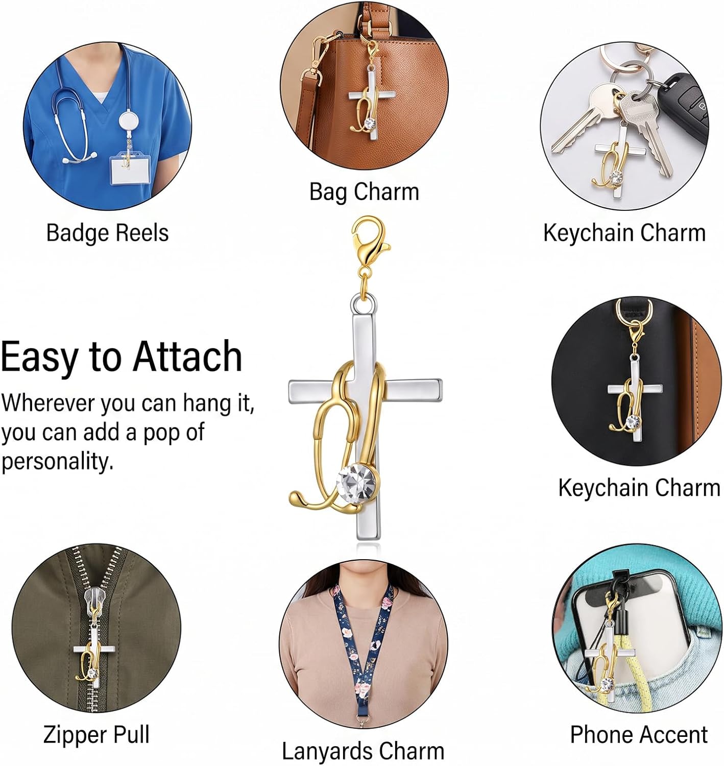 Gjinxi Cross with Stethoscope Badge Charm Cute Nurse Badge Reel Charm Women Necklace Accessory for Doctor Medical Assistant Student RN LPN RT Nursing Healthcare Field Graduation Appreciation Gift