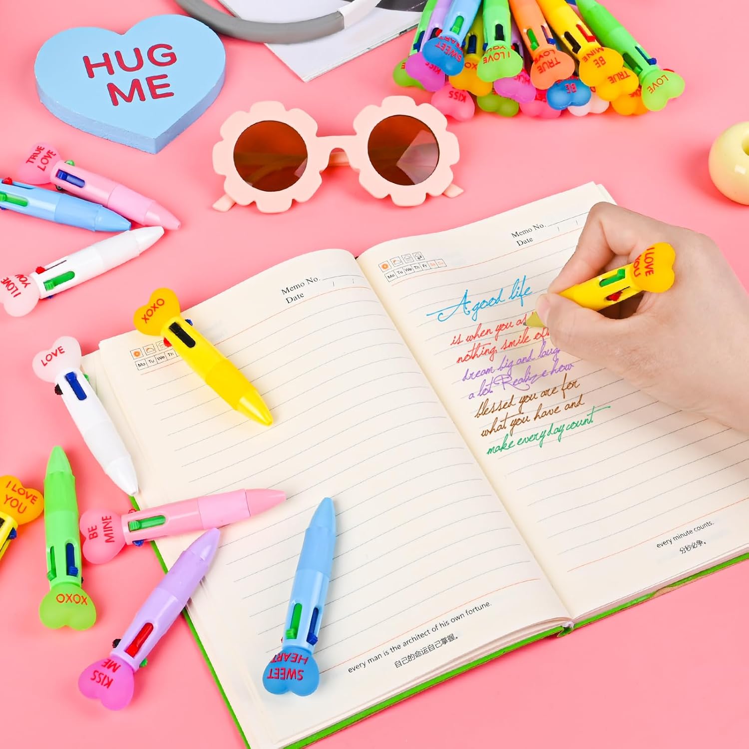 LiYiQ 100 Pcs Valentine's Day Conversation Multicolor Pen in One Cartoon Cute Fun 4-in-1 Pens Bulk Kawaii Be Mine Kiss Me Love Conversation Lovely Ballpoint Pens for Fun Gifts
