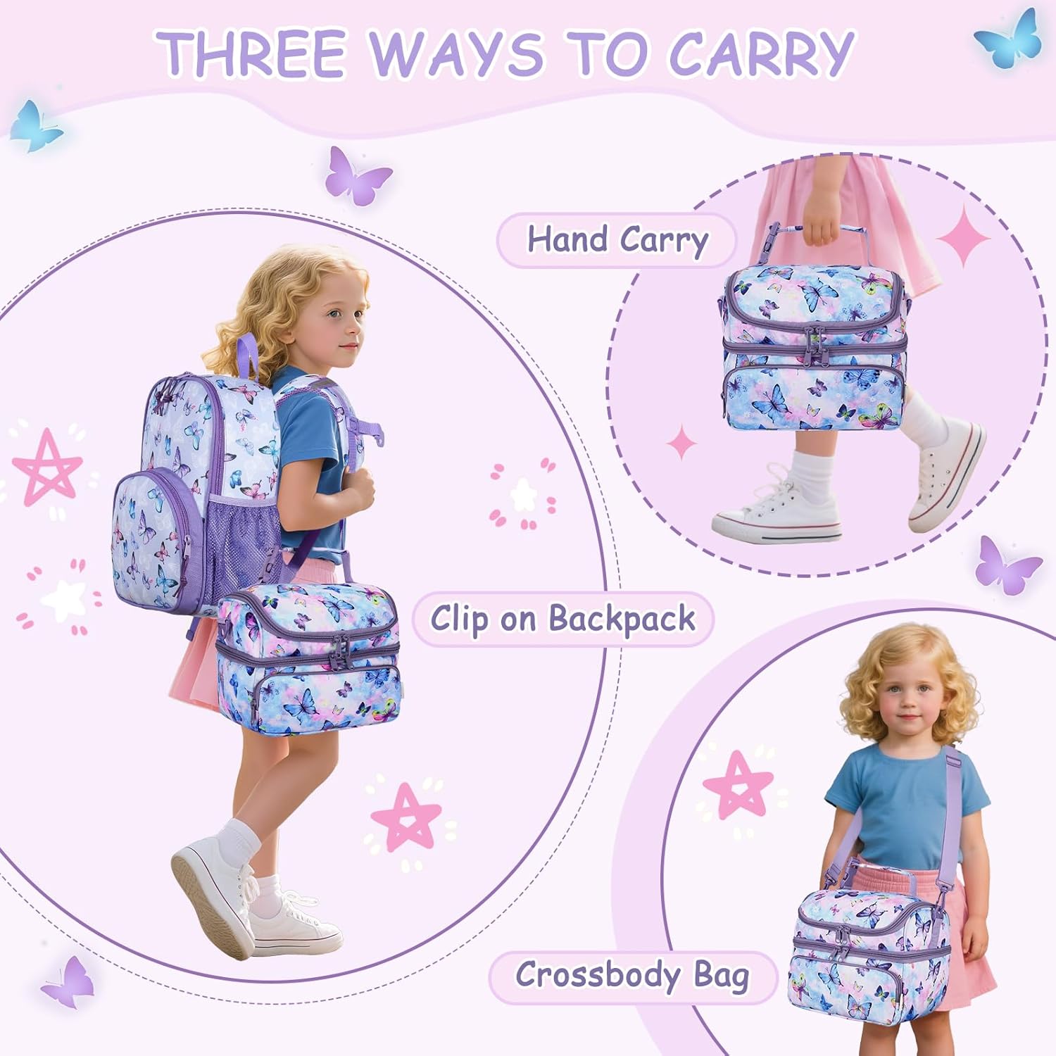 Kasqo Lunch Bag Kids, Dual Compartment Insulated Cooler Bag 7.5L Girls Boys Toddler Lunch Box Containers for Daycare School Kindergarten Travel Ombre Butterfly - Image 6