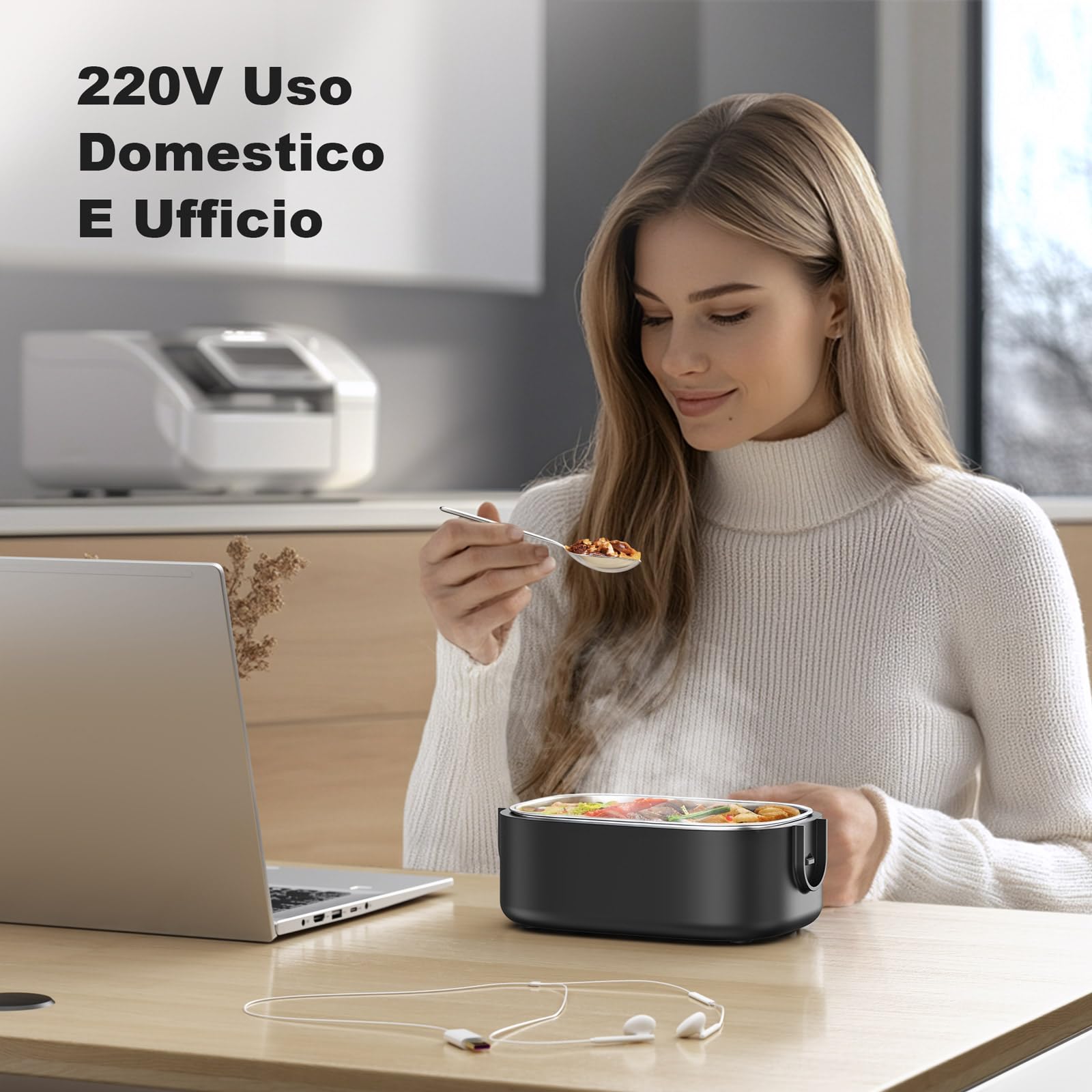 Scaldavivande Elettrico, 1.5 L 3 In 1 Scalda Vivande Portatile Elettrico, 80 W Porta Pranzo Termico con Borsa Termica, 12 V/24 V/220 V Lunch Box Termico per Auto Camion e Ufficio, Nero