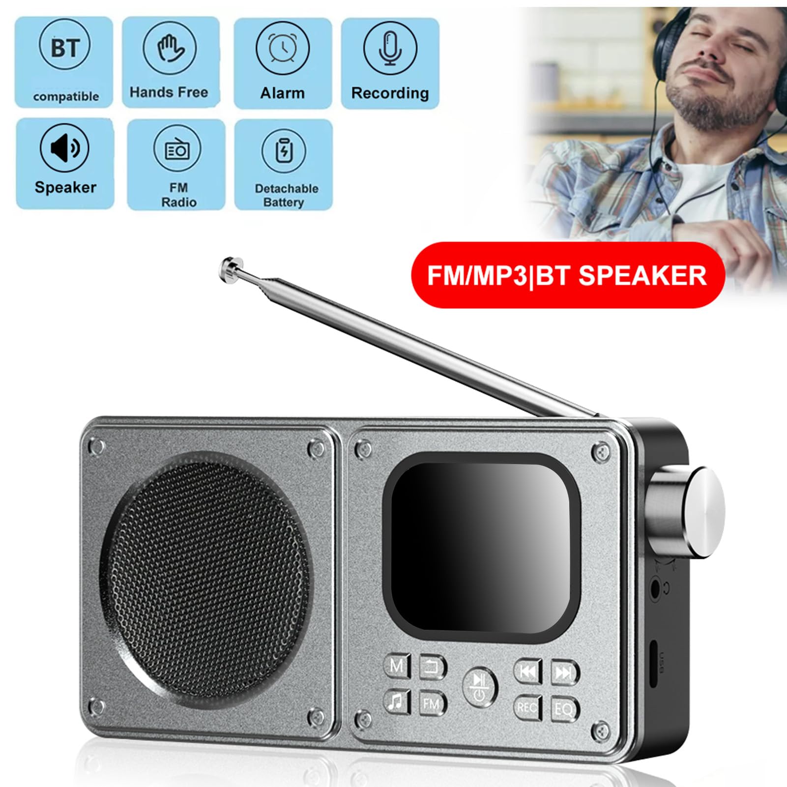 Annadue Radio FM Bluetooth Portátil para Viajes Al Aire Libre, Hogar, Pantalla de 2,01 Pulgadas, Reproductor de Música Bluetooth con Altavoz de Graves, Grabadora para Viajeros, En (64G)