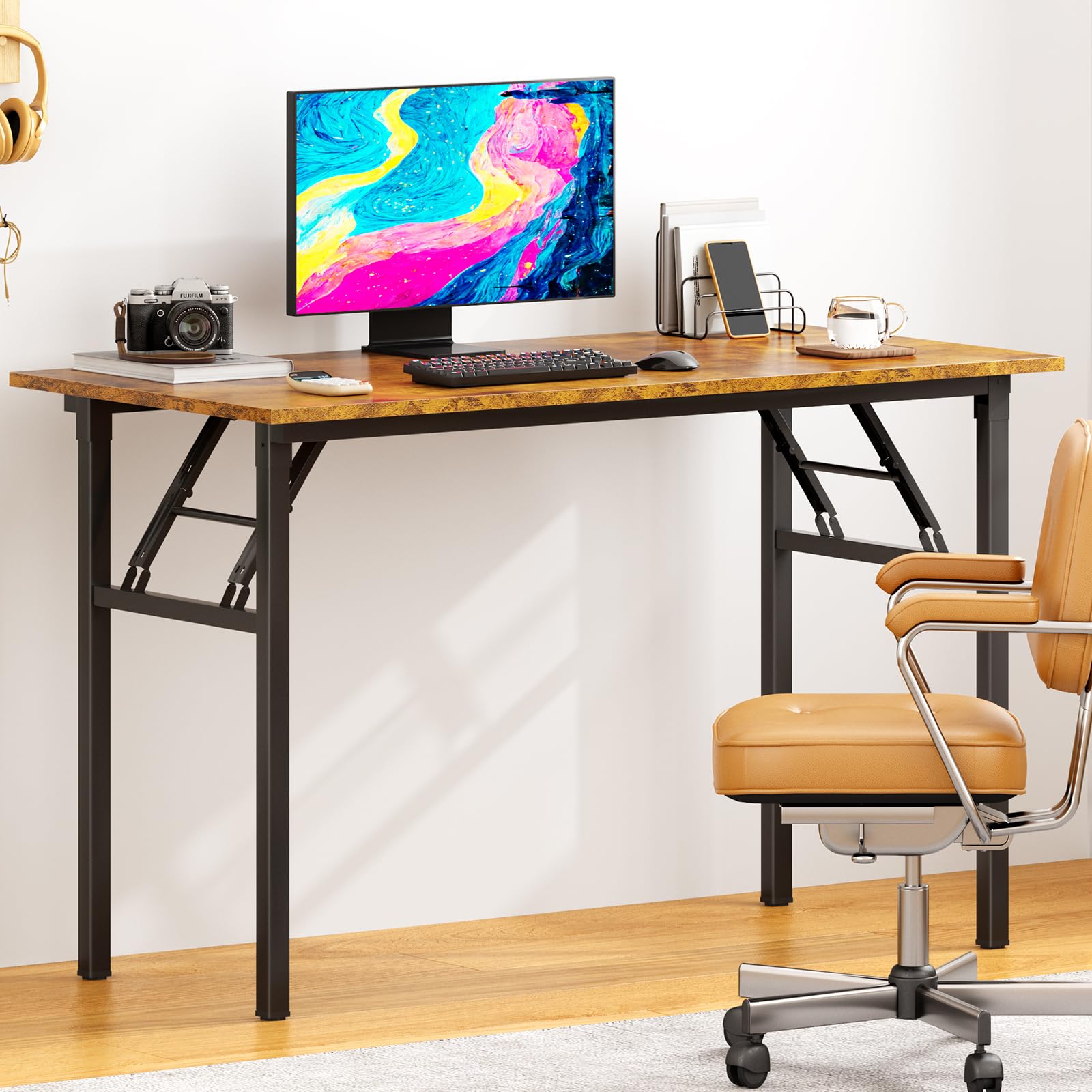 dlandhome computer desk, 39.4 inch folding table, writing desk for small space, study table, laptop desk, no assembly required, teak 