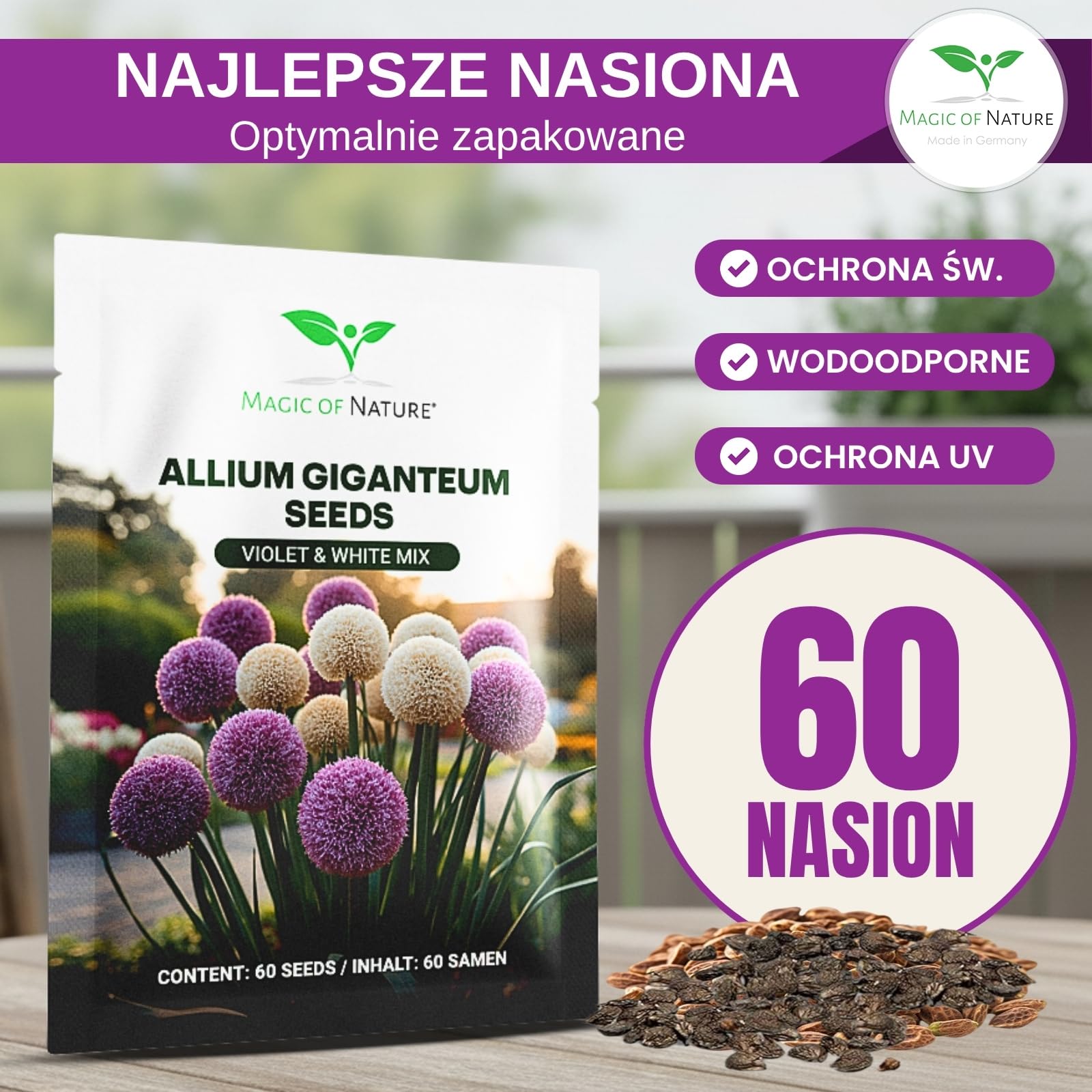 Magic of Nature: Czosnek Olbrzymi Nasiona (60 szt.) Allium giganteum Mix Fioletowy i Biały – Mrozoodporne Nasiona Ogrodowe