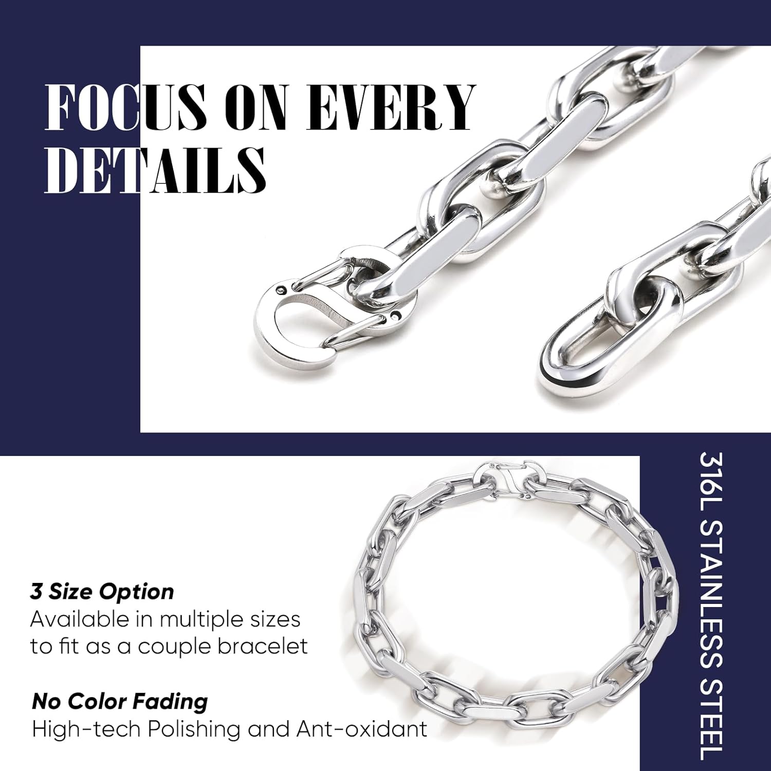 VNOX Link Chain Bracelets for Men - Cool Mens Bracelets Diamond-Cut Paperclip Solid Chain Bracelet Chunky Stainless Steel Jewelry Trendy Gifts - Image 4