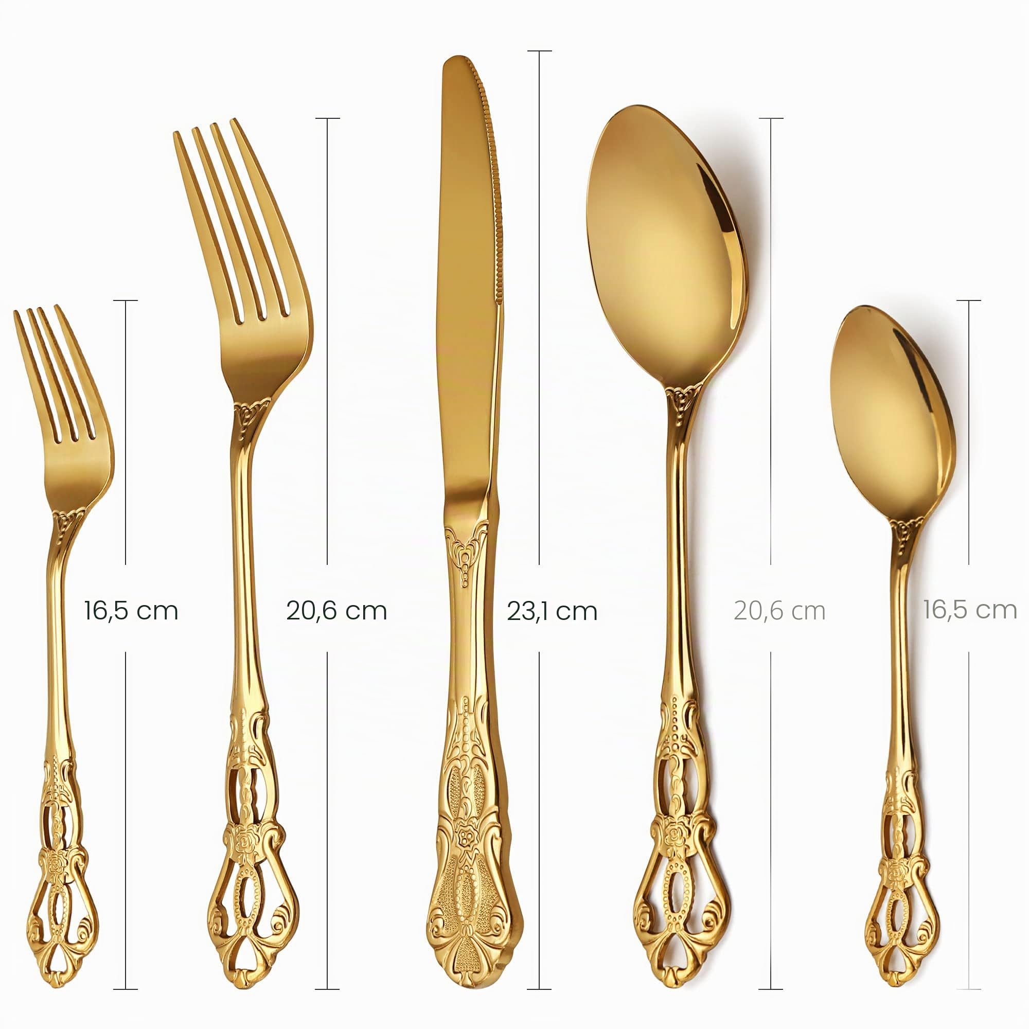Couverts de Table doré, Vintage Ménagère 20 pièces en Inox pour 4 Personnes Comprend des Couteaux/Fourchettes/Cuillères, Poli Miroir/Lavable au Lave-vaisselle Couverts pour la Maison Divertissement