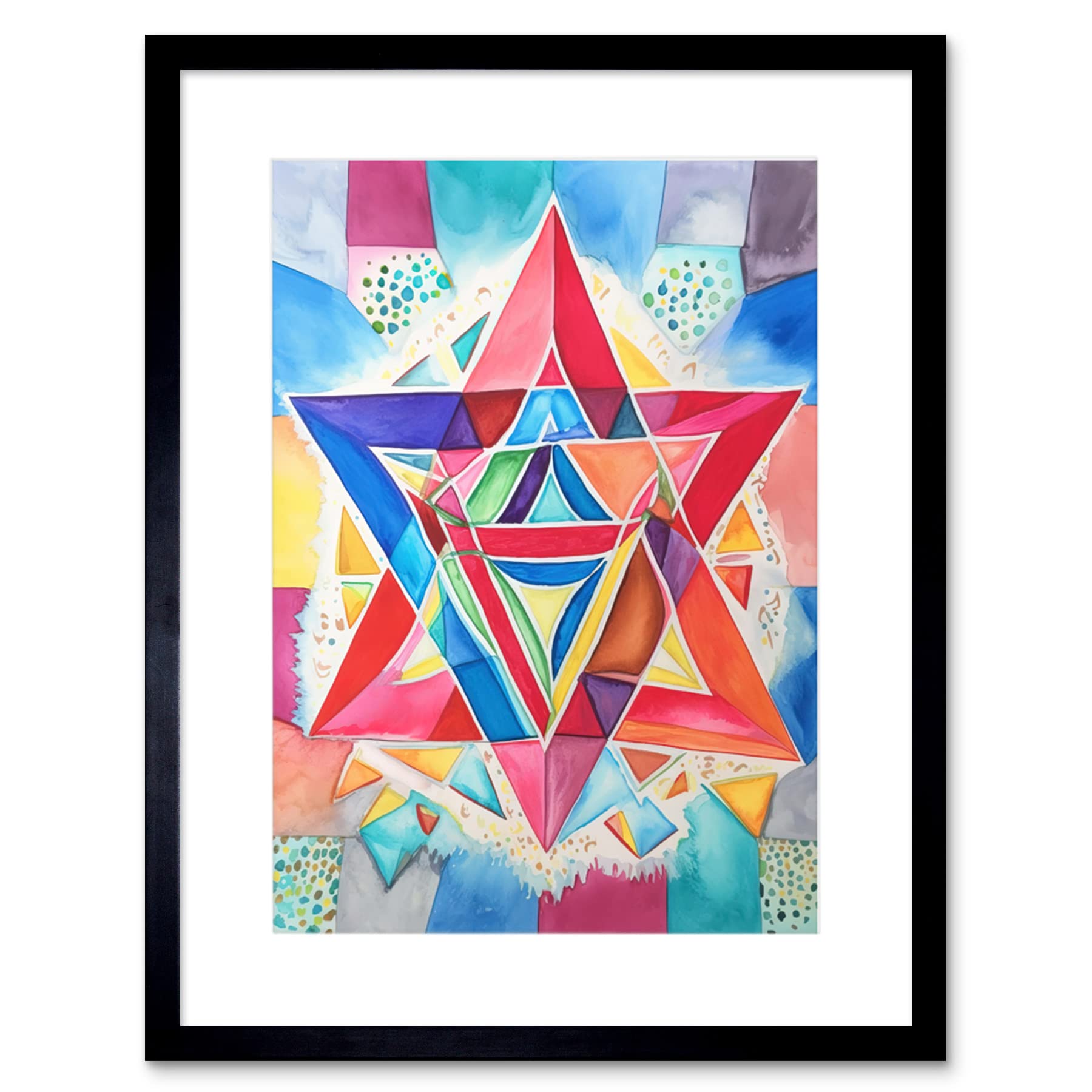 Artery8 Jewish Star Of David Bright Multicoloured Folk Art Watercolour Painting Artwork Framed Print Wall Art 9X7 Inch