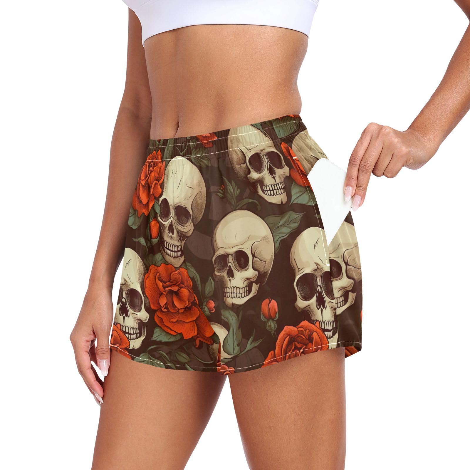 UMIRIKO Sugar Skull Pink Flower Athletic Shorts for Women with Pockets S 202a7568