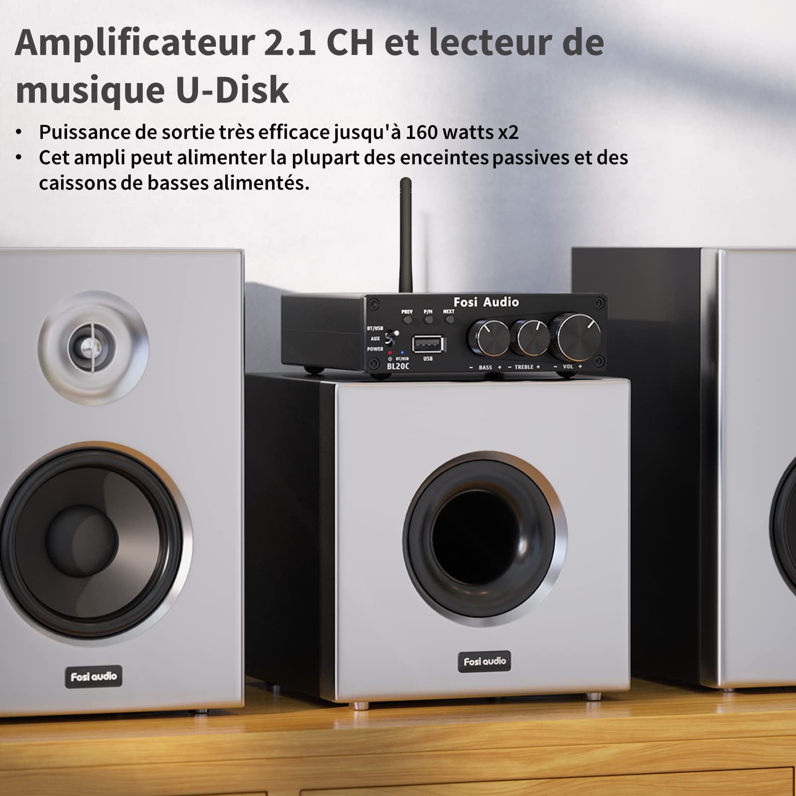 Fosi Audio BL20C 320 Watts Pouvoir Amplificateur Bluetooth 5.0 Lecteur de clé USB Mini Hi-FI 2.1 CH Classe D TDA7498E Ampli de Puissance intégré pour Enceintes Subwoofer Passives Actif Domestiques