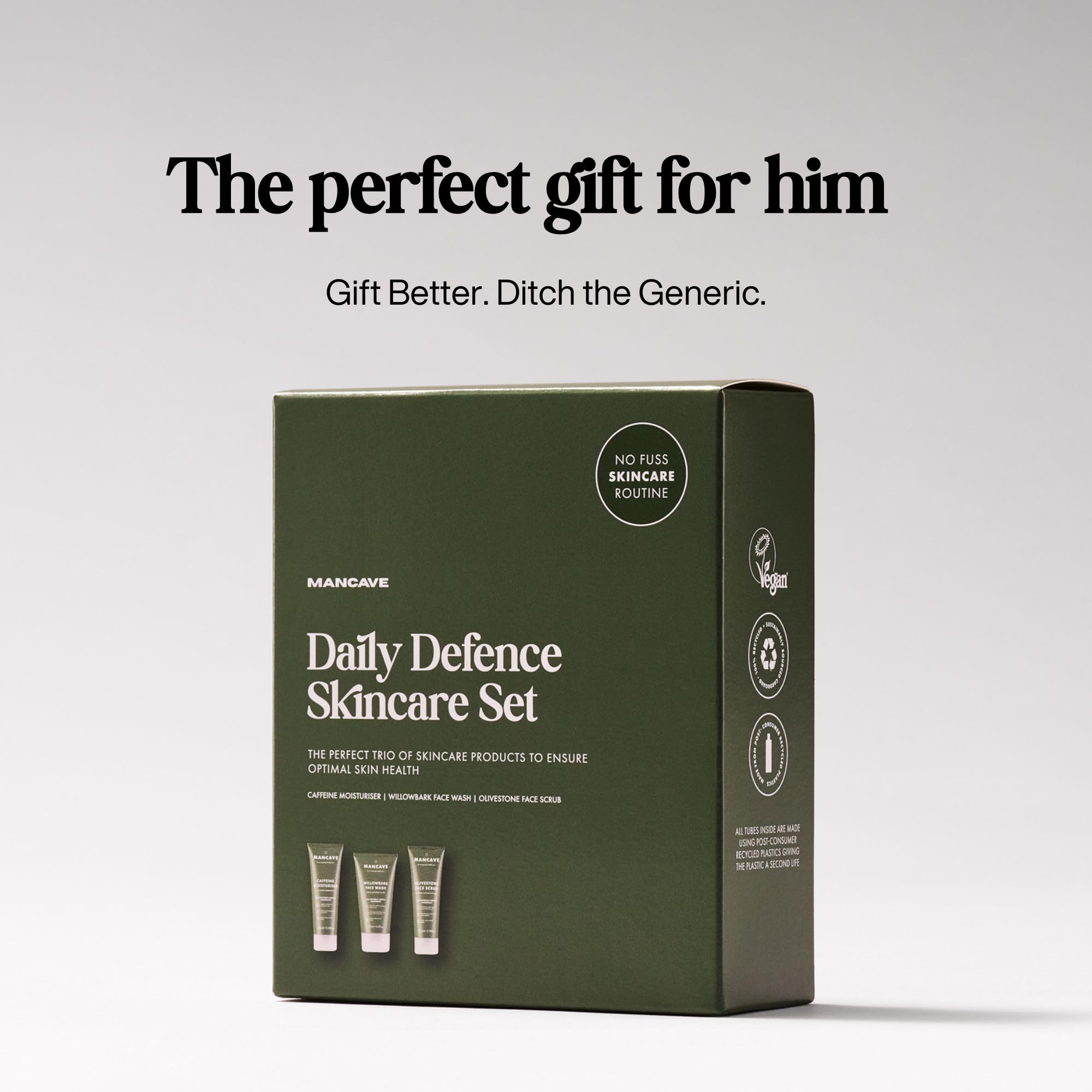 ManCave Gesichtspflege Set Herren 3-Teilig - Geschenkset Männer mit Waschgel, Peeling & Feuchtigkeitscreme - Natürliche Hautpflege Männer - Vegan - Pflegeset Geschenk