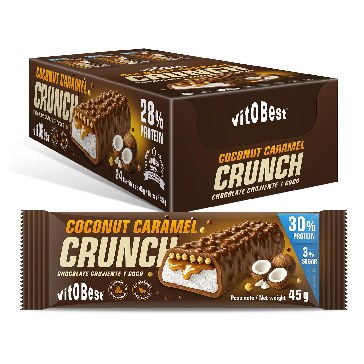 VITOBEST | Barritas Coconut Caramel Crunch | 28% de proteína con delicioso sabor y textura, Sin azúcares añadidos | Sabor Chocolate crujiente, Caramelo y Coco - 24 barritas x (45 g)