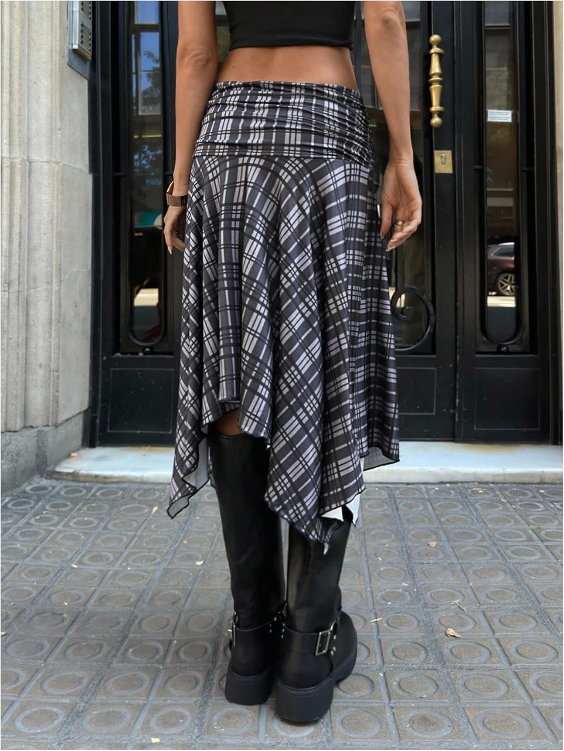 SHENHE Women's Y2k Low Rise Plaid Skirt Ruched Asymmetrical Flowy Vintage Fall Midi Skirt - Image 3
