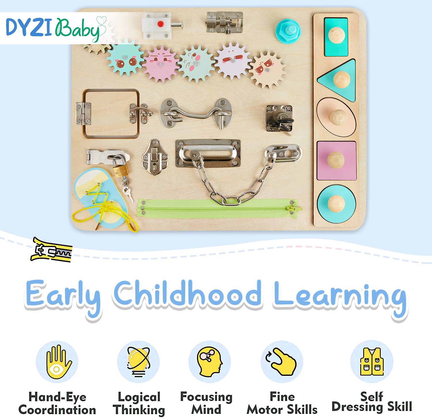 DYZI Montessori - Tablero de actividades para niños pequeños, juguetes sensoriales de viaje para el desarrollo temprano y el autismo, juguete educativo de madera para niños y niñas