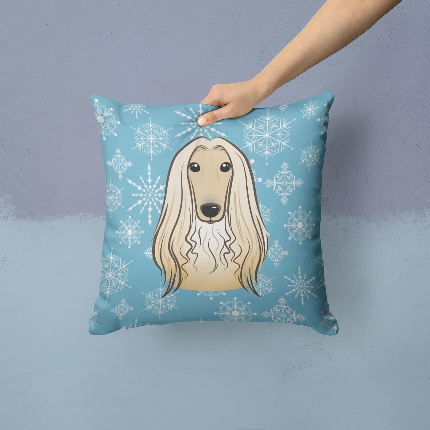 Caroline's Treasures BB1678PW1414 Snowflake Afghan Hound Fabric Decorative Pillow Machine Washable, Indoor Outdoor Decorative Pillow for Couch, Bed or Patio, 14Hx14W