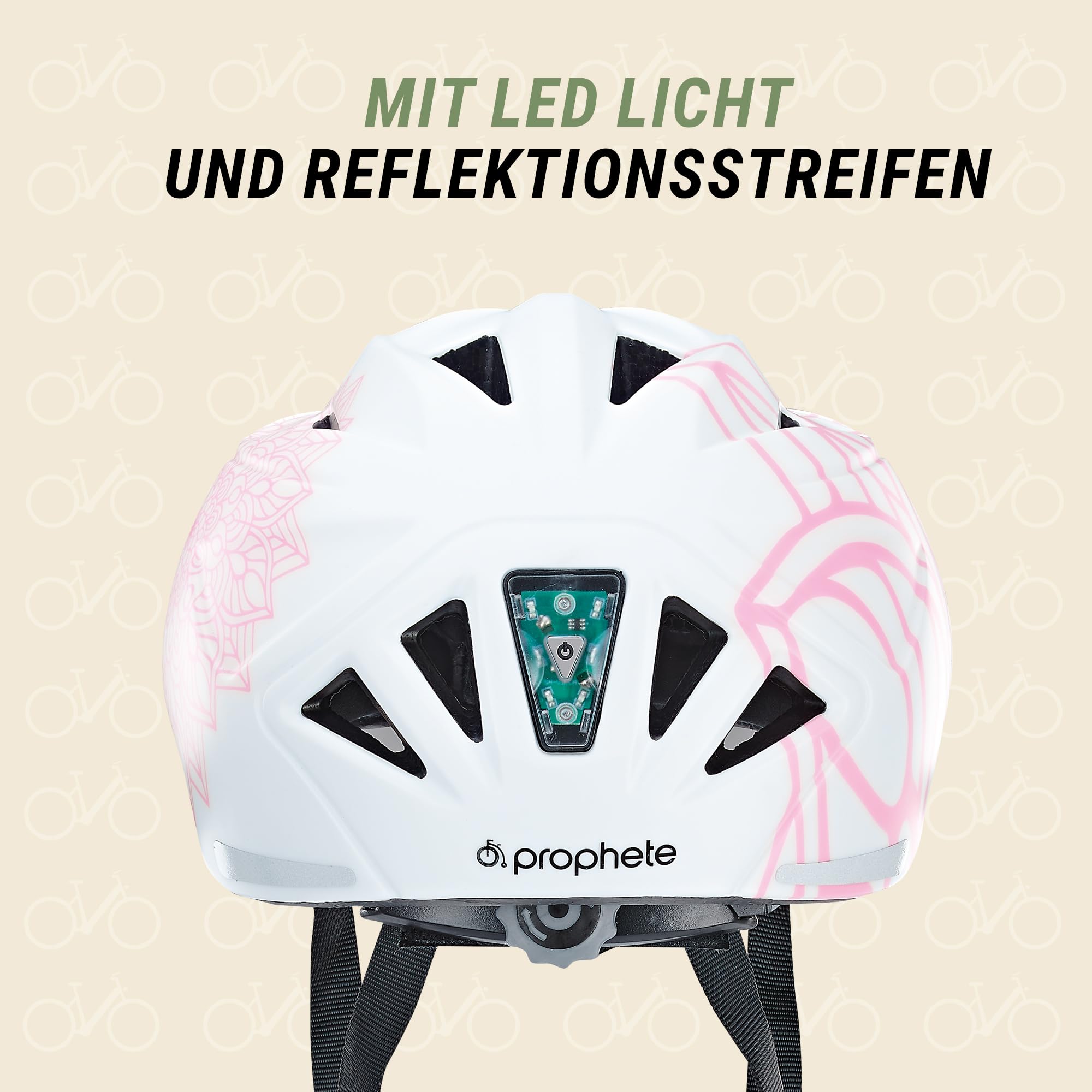 Prophete Dziecięcy kask rowerowy, regulowany pierścień głowy 52-56 cm, atest TÜV/GS, Inmold, LED, kolor biały