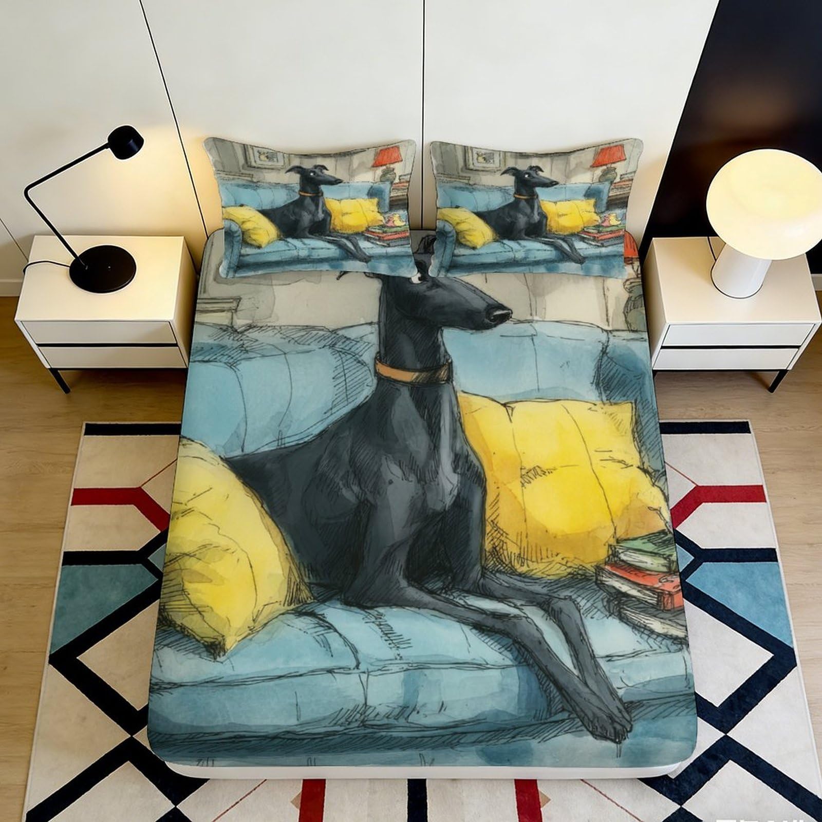 3D Printed Greyhound Sofa Theme Fitted Sheet Microfiber Deep Pocket Non-Slip Full Wrap Home Bedding Mattress Fitted Cover 90x200x25cm