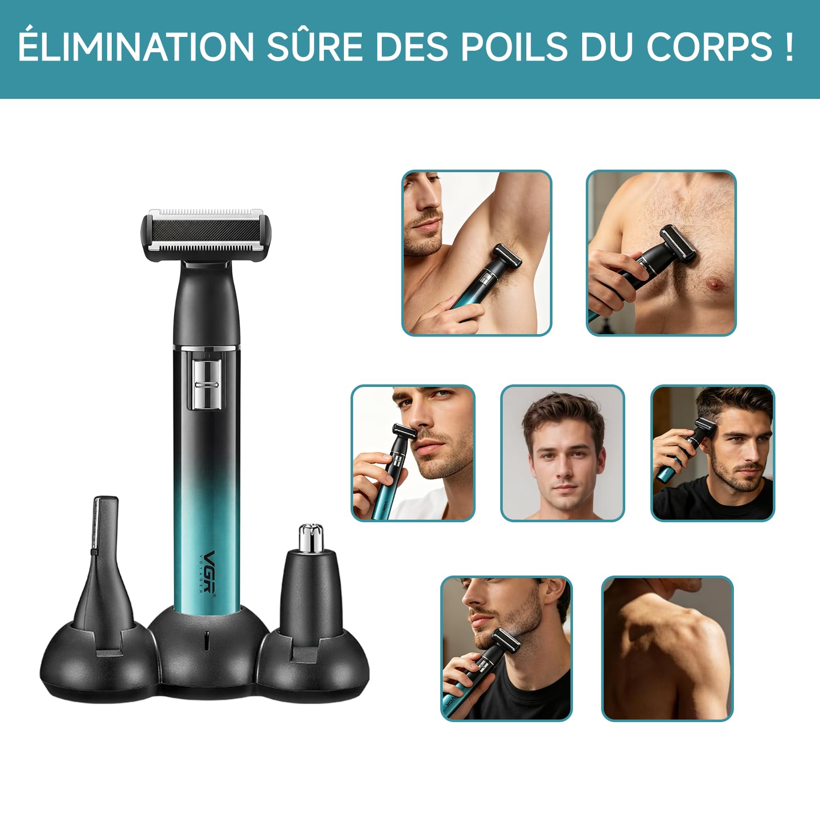 VGR 628 Tondeuse Intime Homme 3 en 1 Sans Fil, Tondeuse Partie Intime Homme, Rasoir Nez Et Taille Des Sourcils Avec Base Et, Pour Poitrine, Jambes, Aisselles, Nez Et Visage, IPX5, Vert
