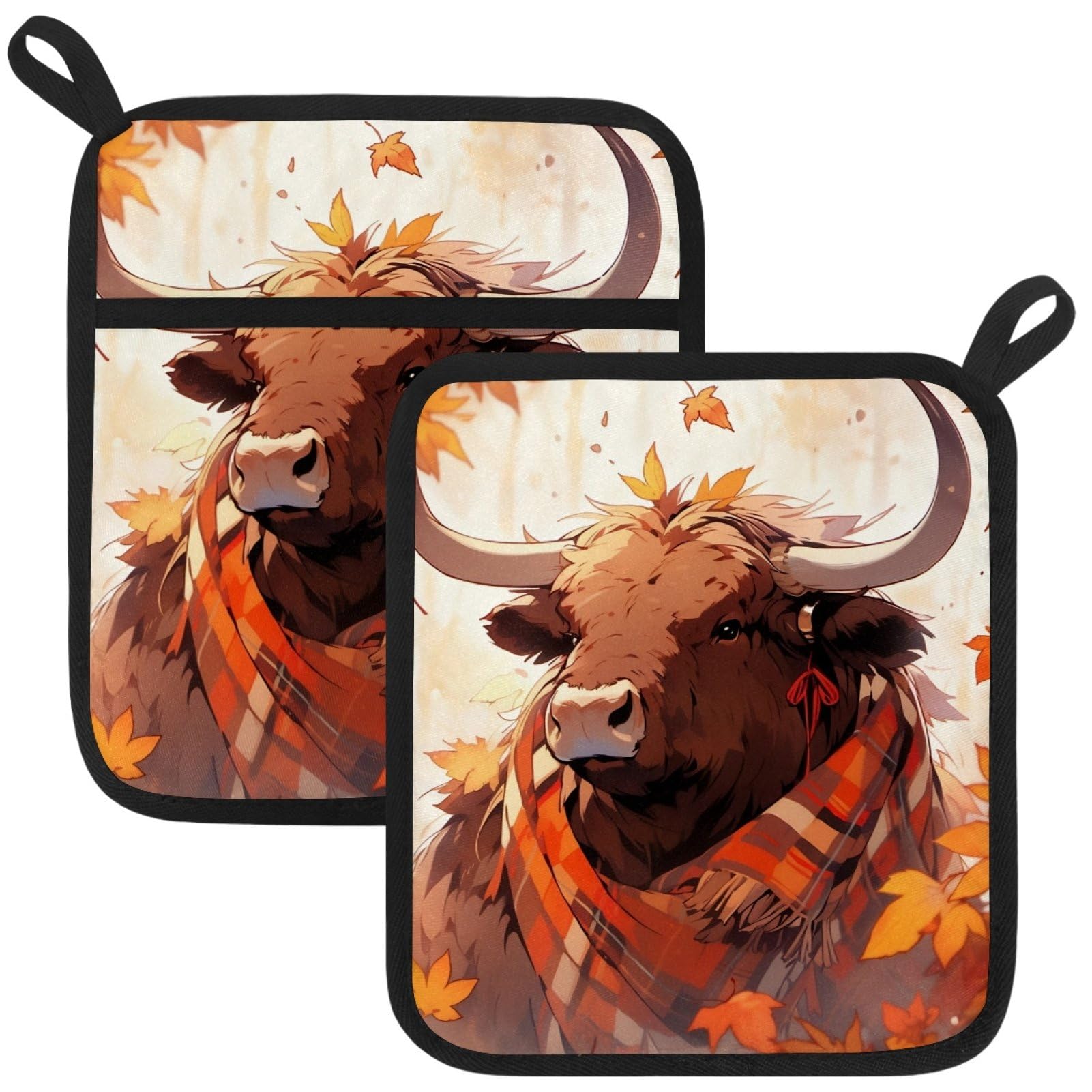 VAPOKF Autumn highland cattle Pot Holders with Pocket for Kitchen Heat Resistant Potholders Large Polyester-Cotton Square Oven Mitts Set