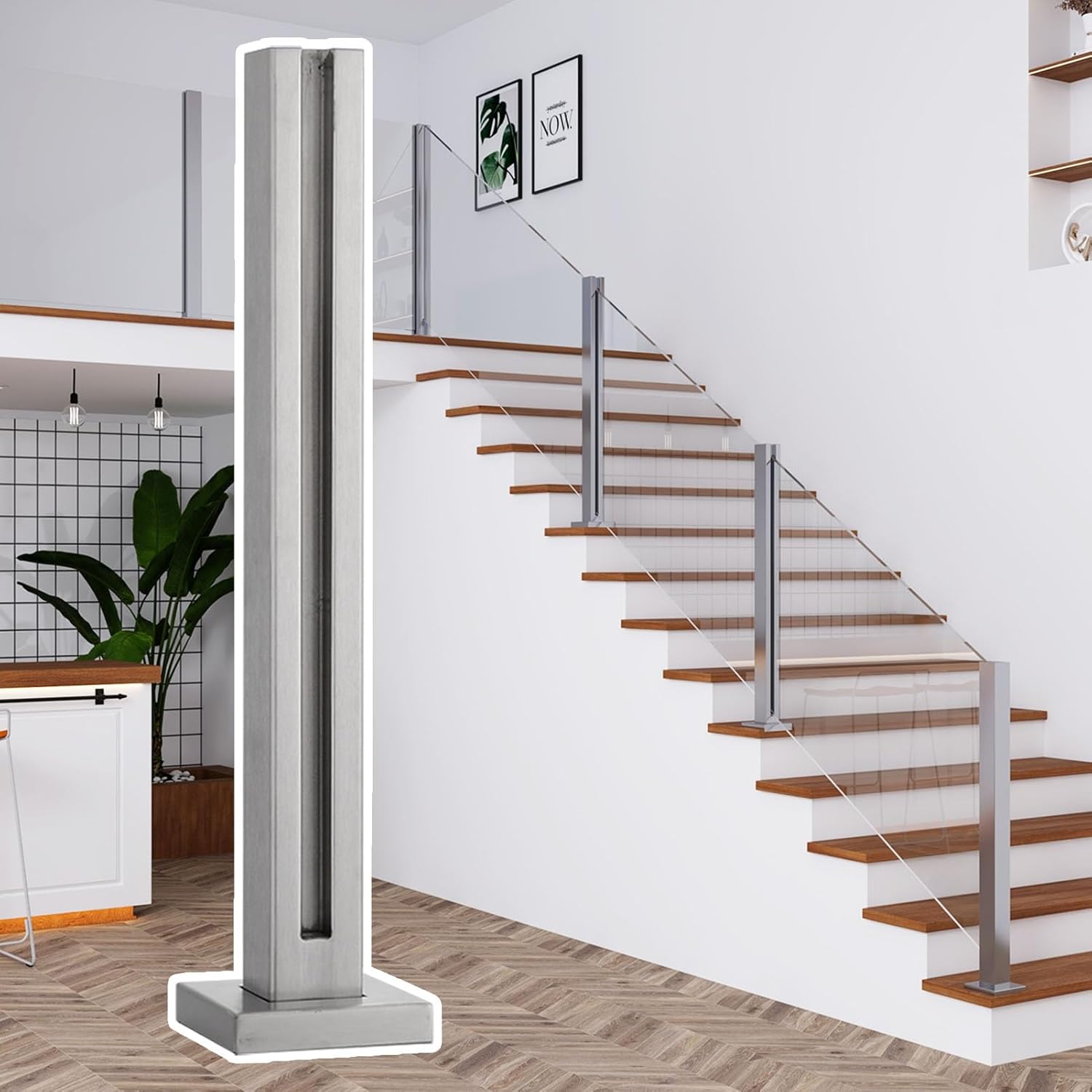 This Square Glass Railing Post for Indoor Stairs 25.6"-59" Stainless Steel Clips for Glass Baluster Panel Handrail for Hallway & Staircase Safety