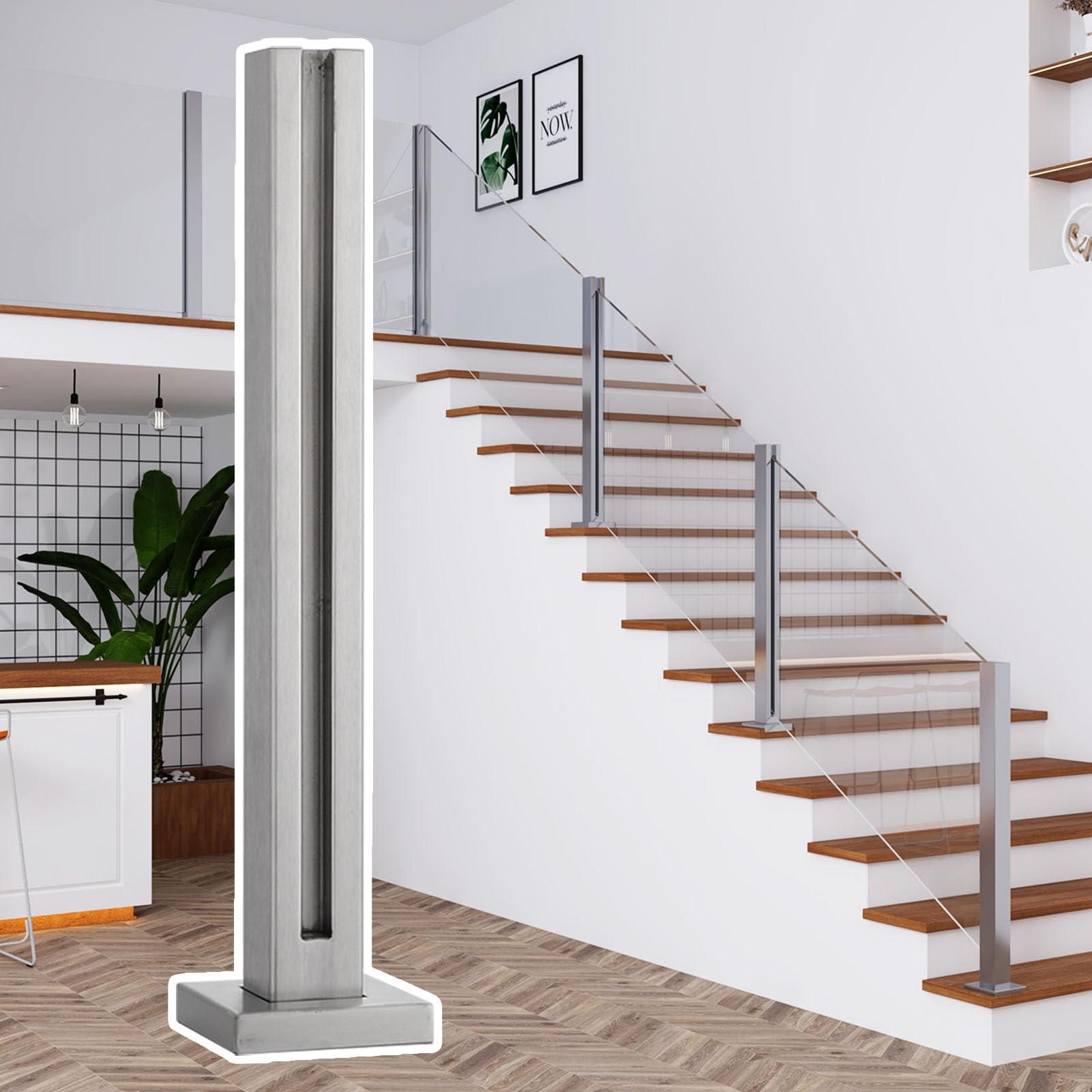 Solución de balaustrada interior: poste cuadrado de vidrio ajustable para escaleras
