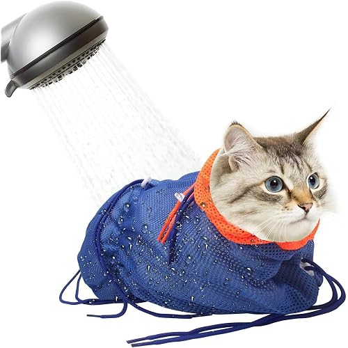 Cat Bathing Bag, Catcan Anti Scratch Cat Washing Bag Breathable Mesh Adjustable Grooming Shower Bags for Nail Trimming