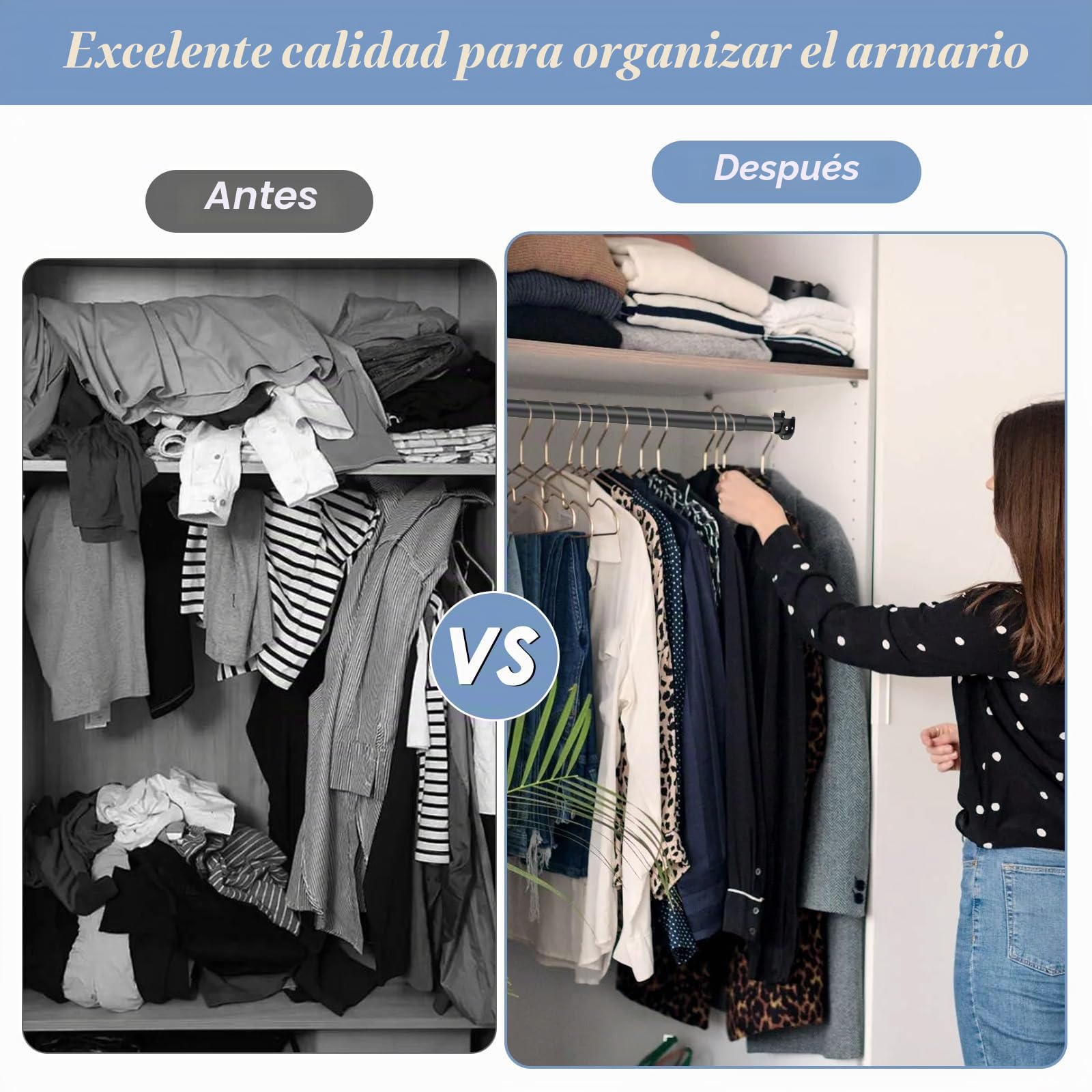 Barra de armario extensible negra, 74-130 cm, colgador resistente con extremos, diámetro 33 mm, adecuada para armarios, balcones, baños.