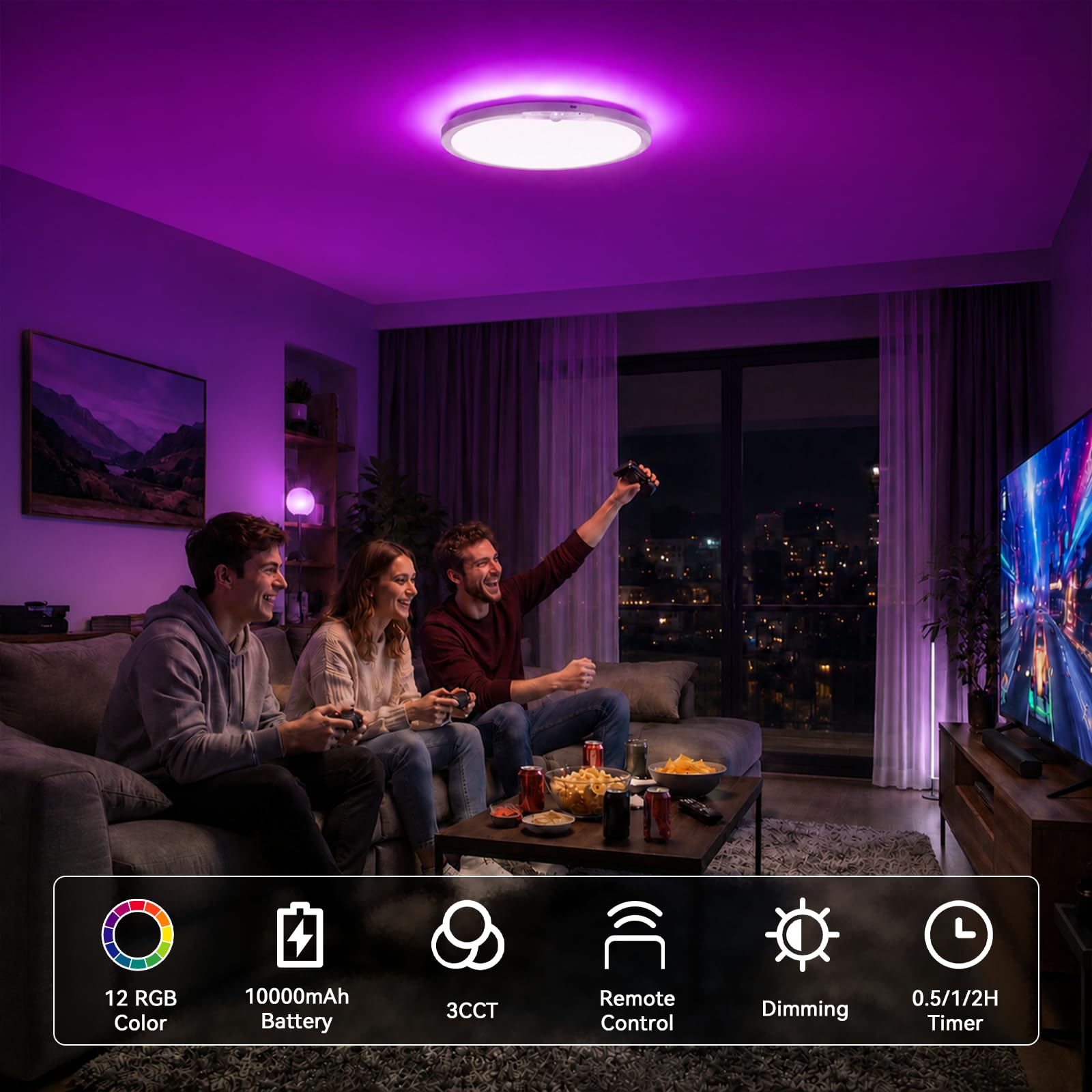 Lampe à batterie avec détecteur de mouvement 10 000 mAh, double source de lumière, 12 RVB arrière et 3 CCT Plafonnier super lumineux avec télécommande de 30 cm, minuteur, plafonnier rechargeable pour