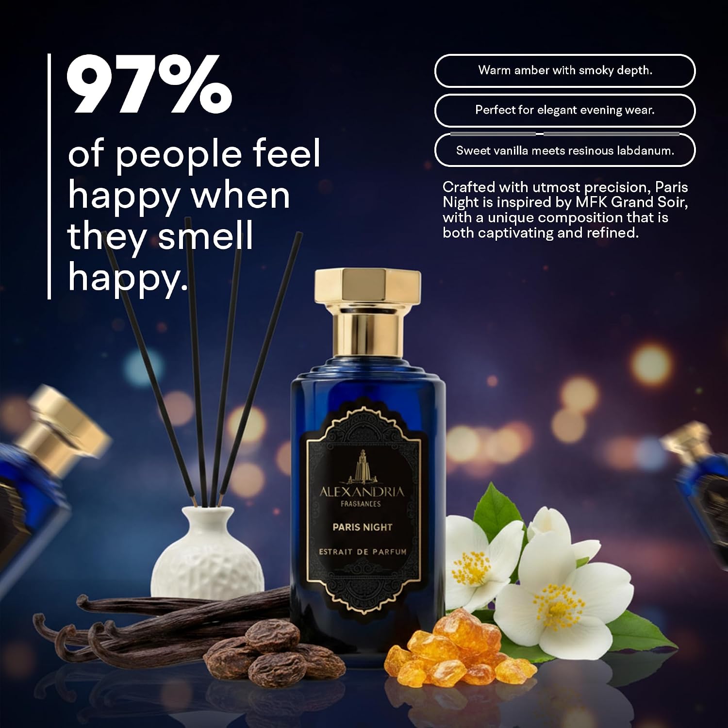 Alexandria Fragrances Paris Night Extrait de Parfum - Long Lasting Amber Vanilla Perfume for Men & Women, Luxury Unisex Evening Fragrance with Warm Incense, Oud & Sweet Vanilla Notes – 60ml