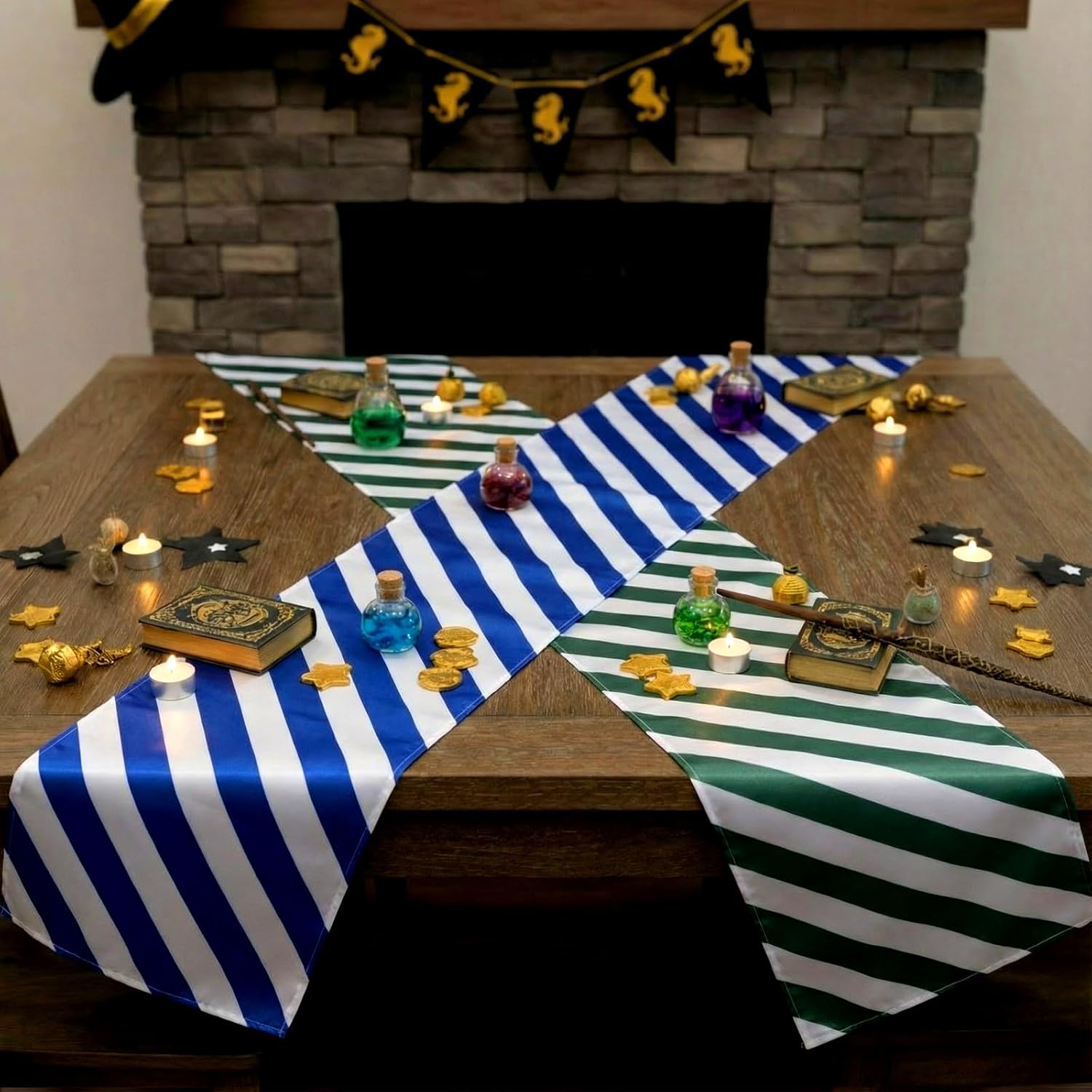 Hahafelt 4 Pcs Wizard Table Runner Red Golden Green Blue Stripes Party Decoration Witch Birthday Dining Room Home Kitchen Island Decor Table Cover Runner Themed Party Supplies