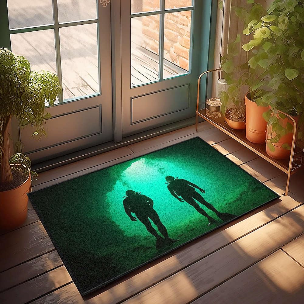 Tapis de bienvenue deux plongeurs explorent une grotte sous-marine format 65 x 90 cm