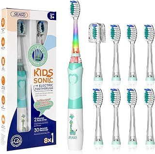Seago Elektrische Zahnbürste Kinder mit 8 Extra Weiche Aufsteckbürste und 4 Persönliche Modi, LED Licht, Smart Timer, IPX7 Wasserdicht, Kinder Schallzahnbürste ab 3 Jahre, SG977(Grün)