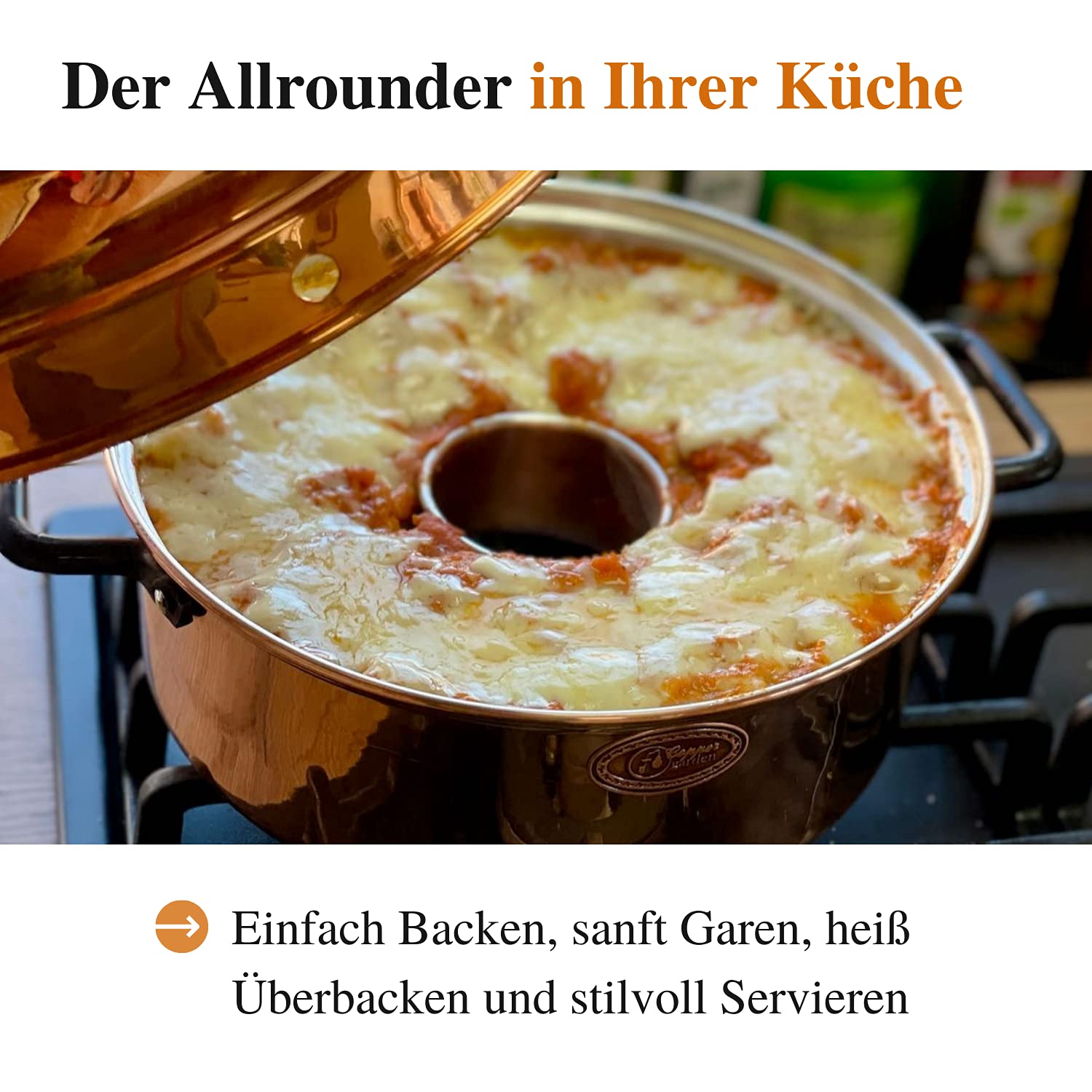CopperGarden Aura24 Backtopf aus Kupfer I Kupfertopf für Camping/Gasherd/Grill & Lagerfeuer I Kupferkochtopf für 2-4 Personen I Brot-Topf mit 24 cm Durchmesser I Bräter mit Deckel