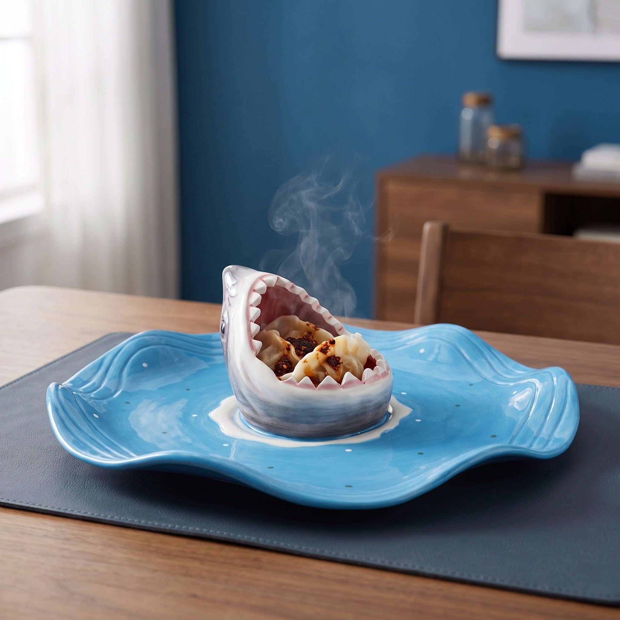 ibasenice Plateau à sushis Requin : Plateau en céramique en Forme de Requin avec Compartiment à Sauce, apéritif sur Le thème de l’océan pour Fruits de mer, raviolis, Amuse-Gueules et Service