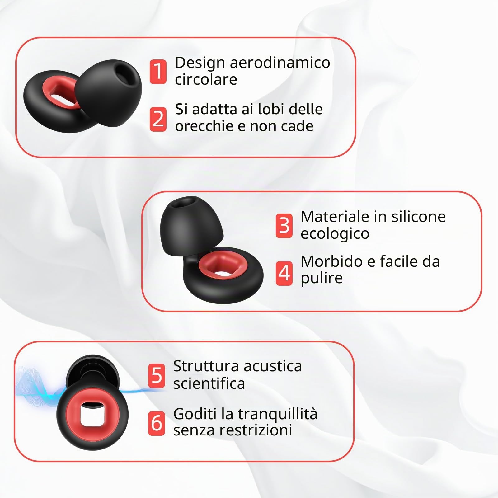Tappi per orecchie da 28 dB per dormire, 2 paia riutilizzabili in morbido silicone per moto, sonno e concerti, anti-rumore con 8 punte, nero/rosso e nero/bianco