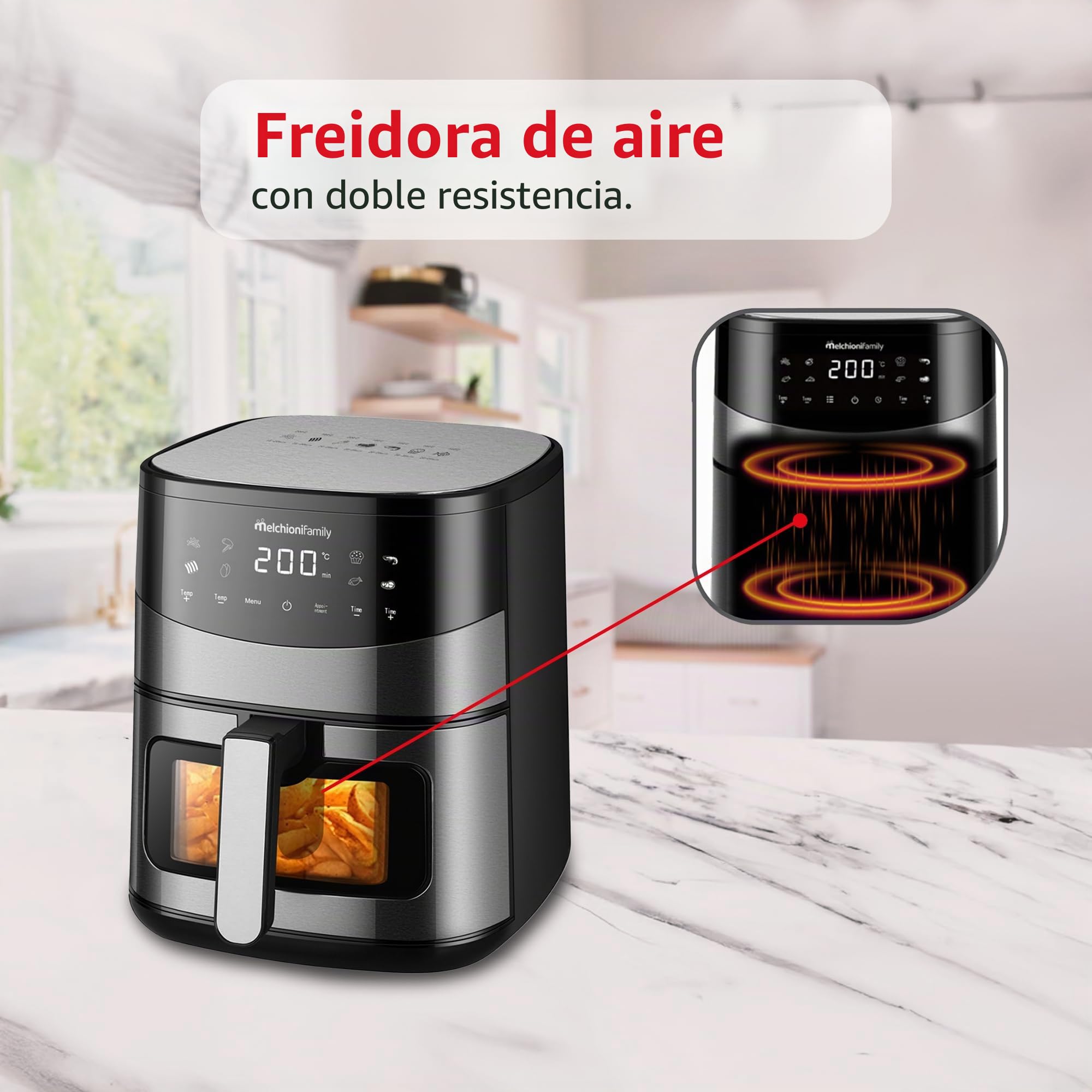 Melchioni Family | ARIANNA Freidora de Aire 6,5L con Doble Resistencia | Air Fryer con Pantalla LED, 8 Programas, Temporizador, Cesta con Ventana, 2000W