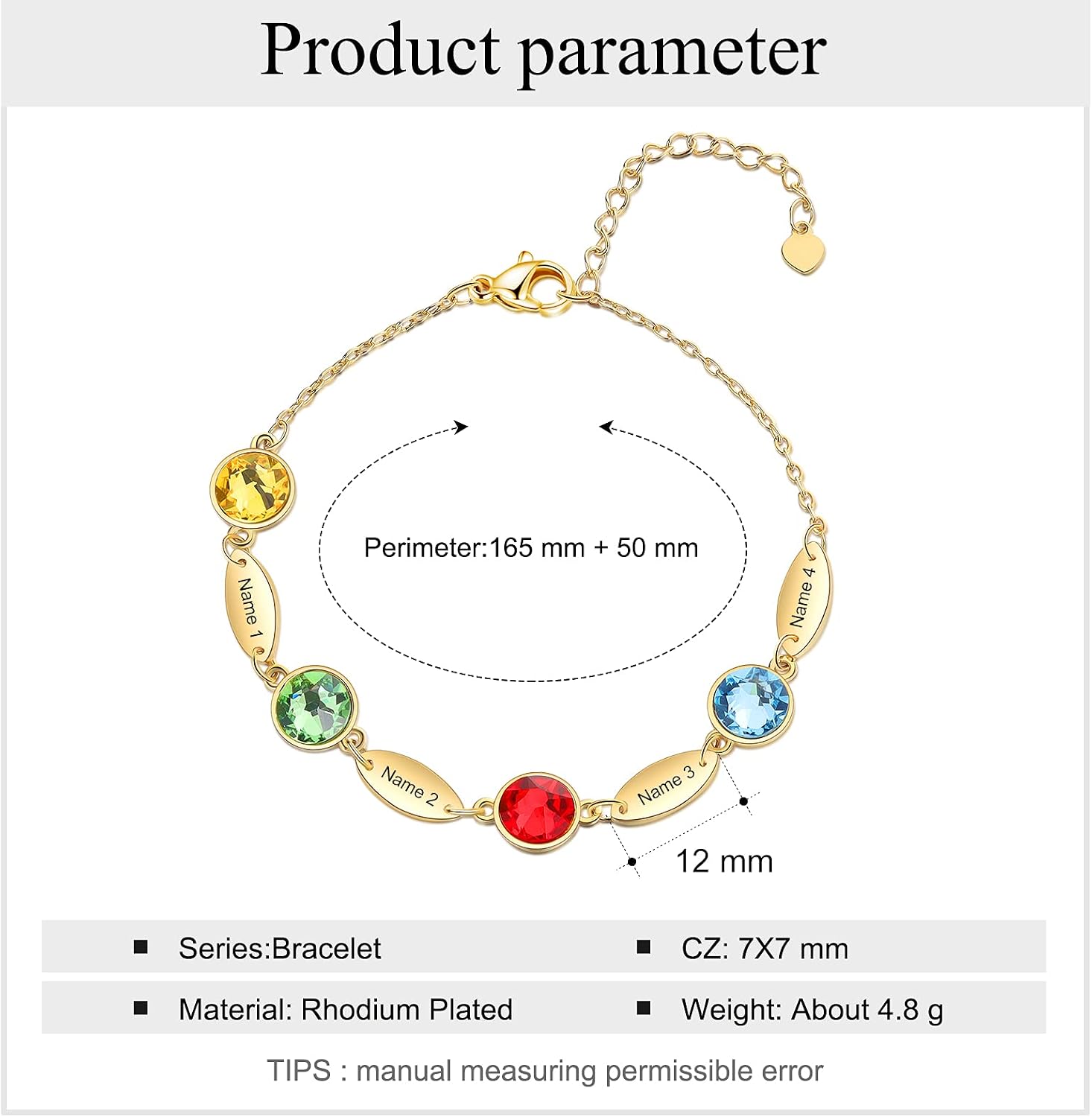 Personalized Name Link Bracelet for Women Engraved1-6 Names Gold Bracelets with Simulated Birthstones Family Bracelets for Mother Daughter (4 names)
