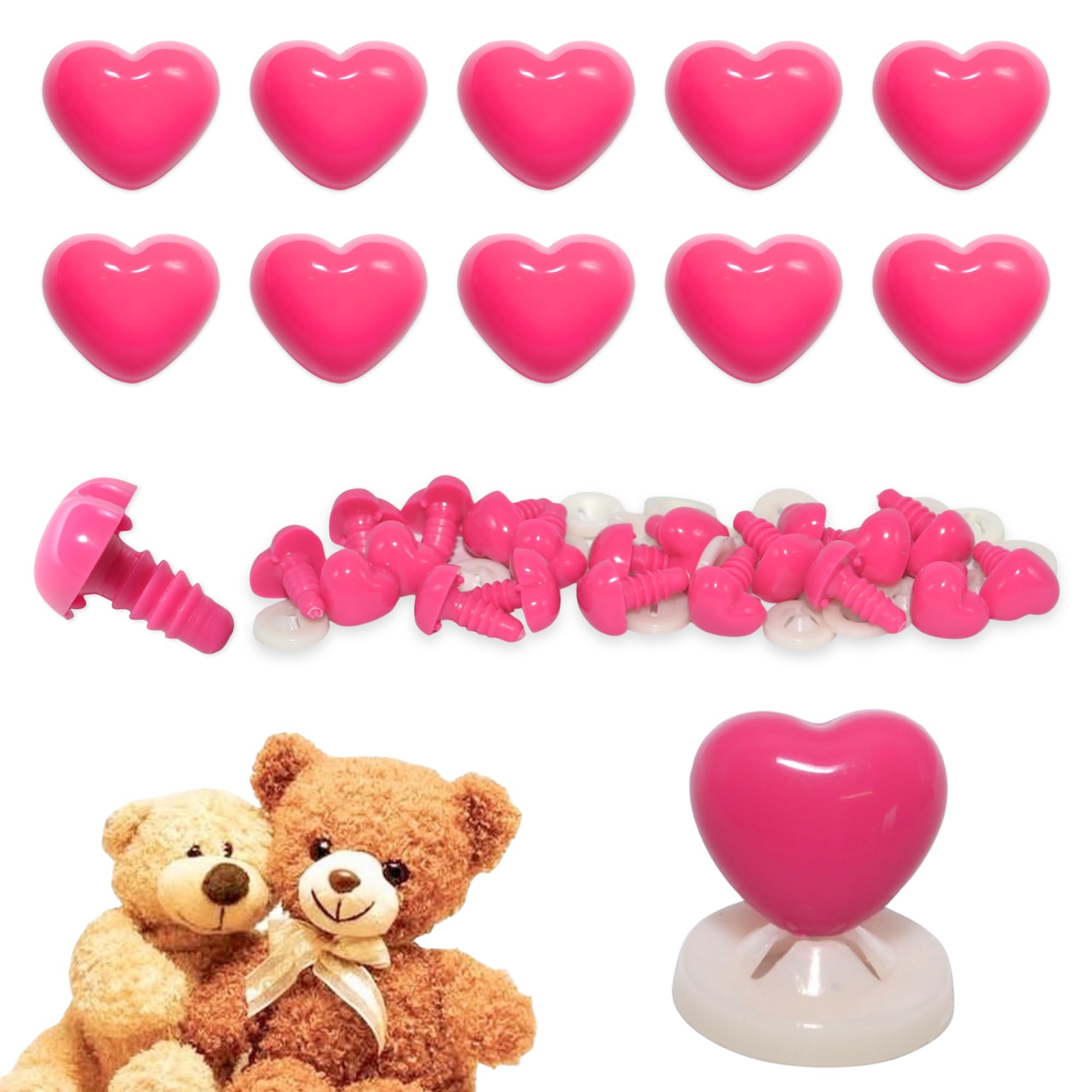 celloexpress 12mm x 11mm Hot Pink Heart Noses with Plastic Backs - Safety Noses for Soft Toy Teddy Bear Animal Making (Pack of 10)