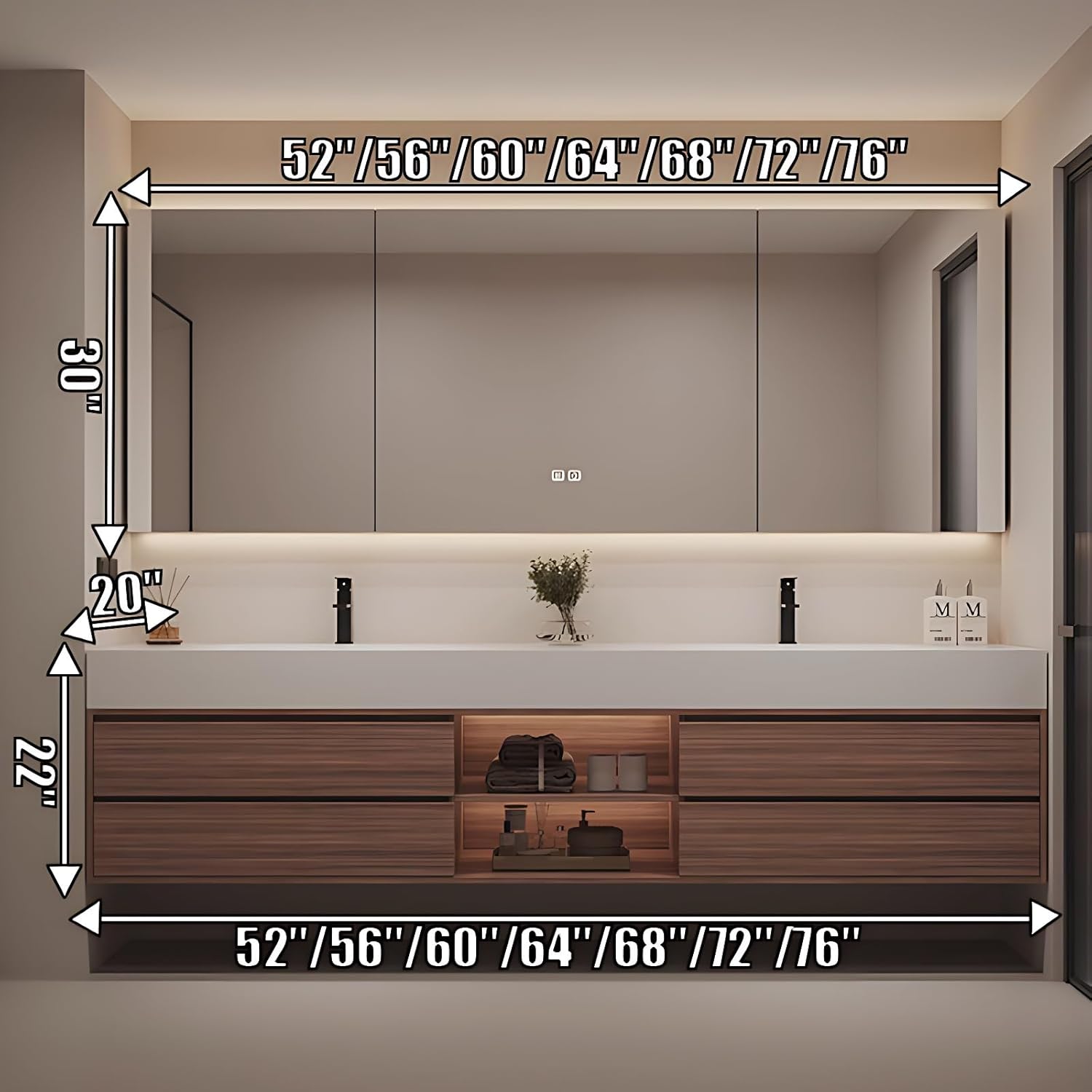 Floating Bathroom Vanity with Sink – Modern Wall Mounted Bathroom Vanity Cabinet Set with LED Anti-Fog Mirror, Soft Close Drawers, Seamless Sink – Cabinet with Sink (Wood,52IN)