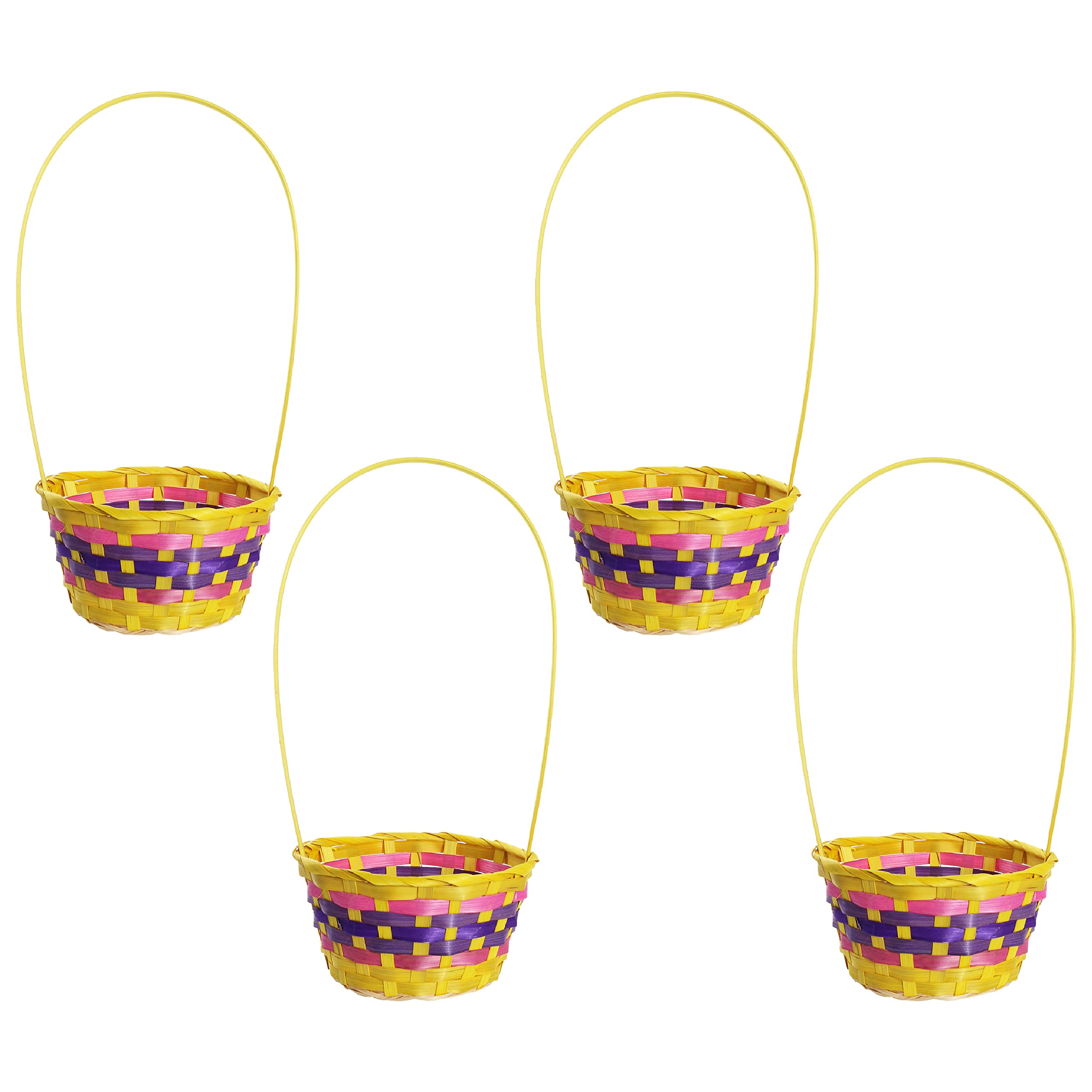 Yellow Easter Basket - Pack of 4 - Large Yellow Basket With Pink and Purple Woven Pattern - Perfect for Easter, Easter Egg Hunts, Easter Bunny Costumes and Other Fancy Dress Events