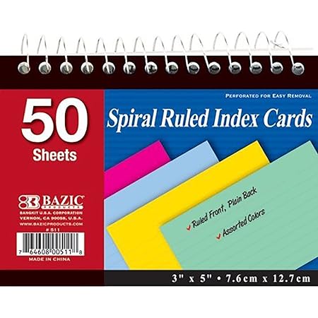 Amazon.com : BAZIC 50 Ct. Spiral Bound 3" X 5" Ruled Colored Index Card ...