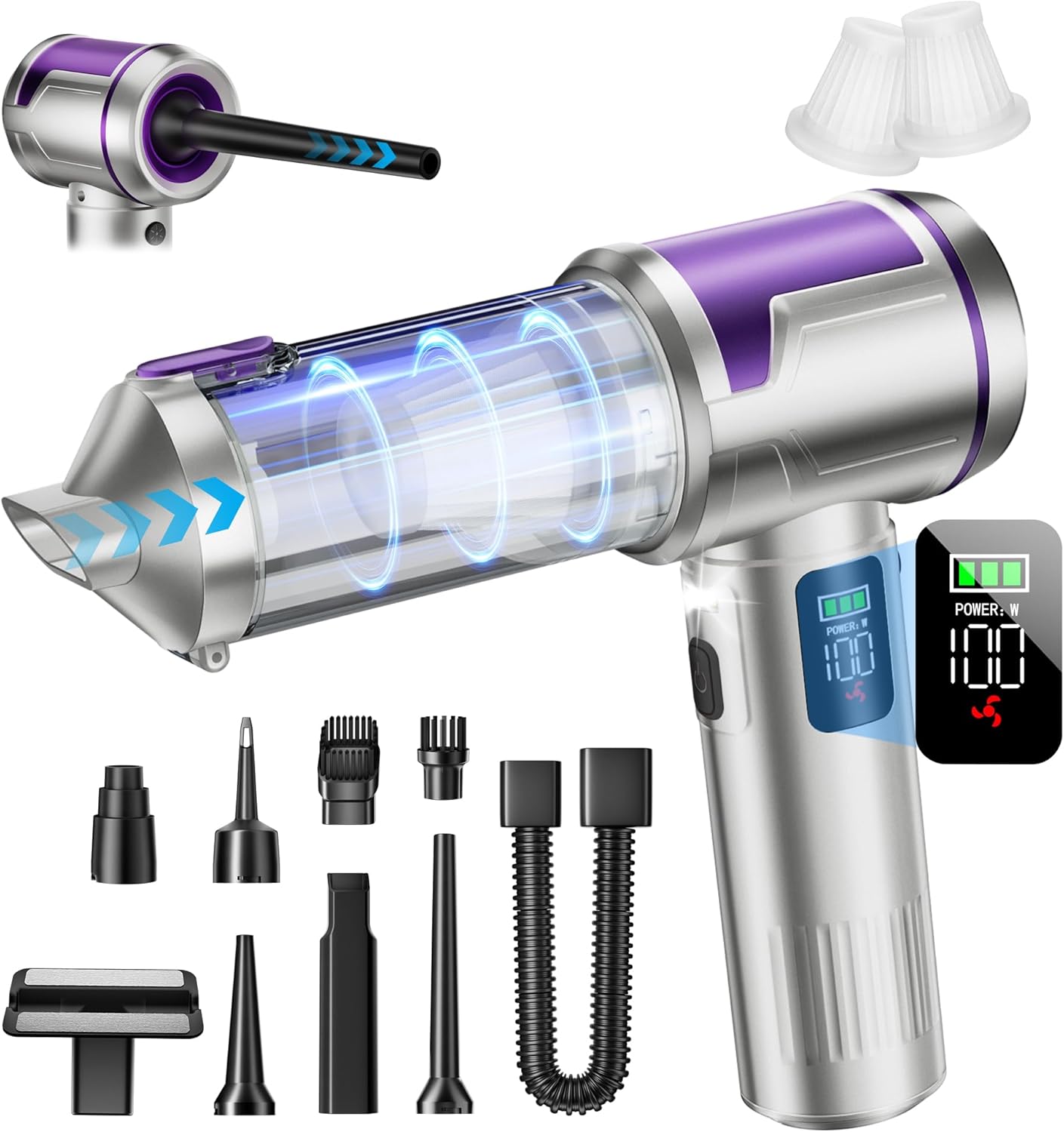 Handheld Car Vacuum Portable Cordless, 22000Pa High-Power Suction Hand held Vacuum Cleaner & Air Duster for Car Cleaning, Home, Office, Pet Hair | Multi-Nozzle, Washable Filter, LED Light Silver