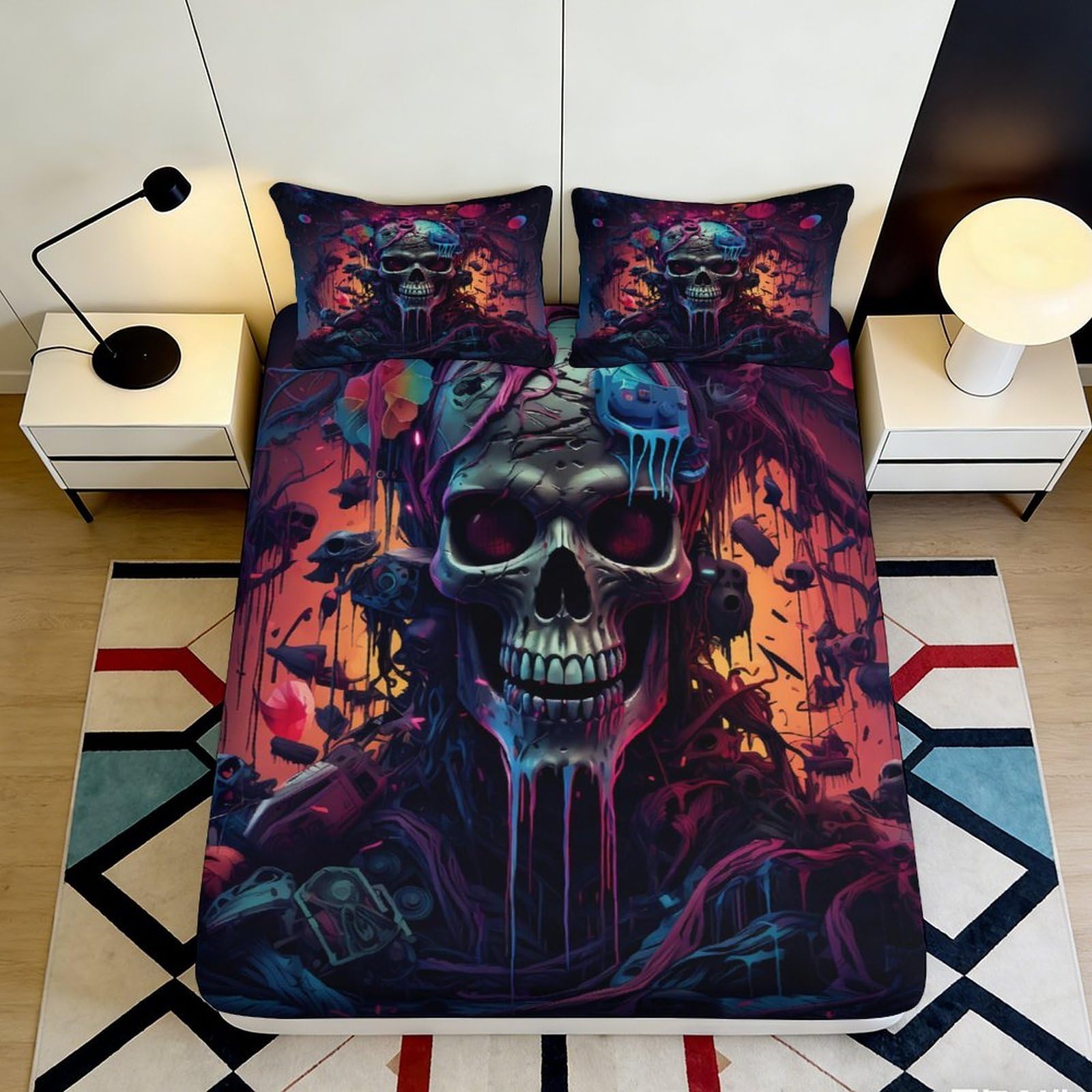 Jqzkxnhpbr Style-1 3D Printed Skull Art Fitted Sheet Microfiber Dark Gothic Flame Mattress Cover For Bedroom Dorm Easy Care Decor 90X200x25cm