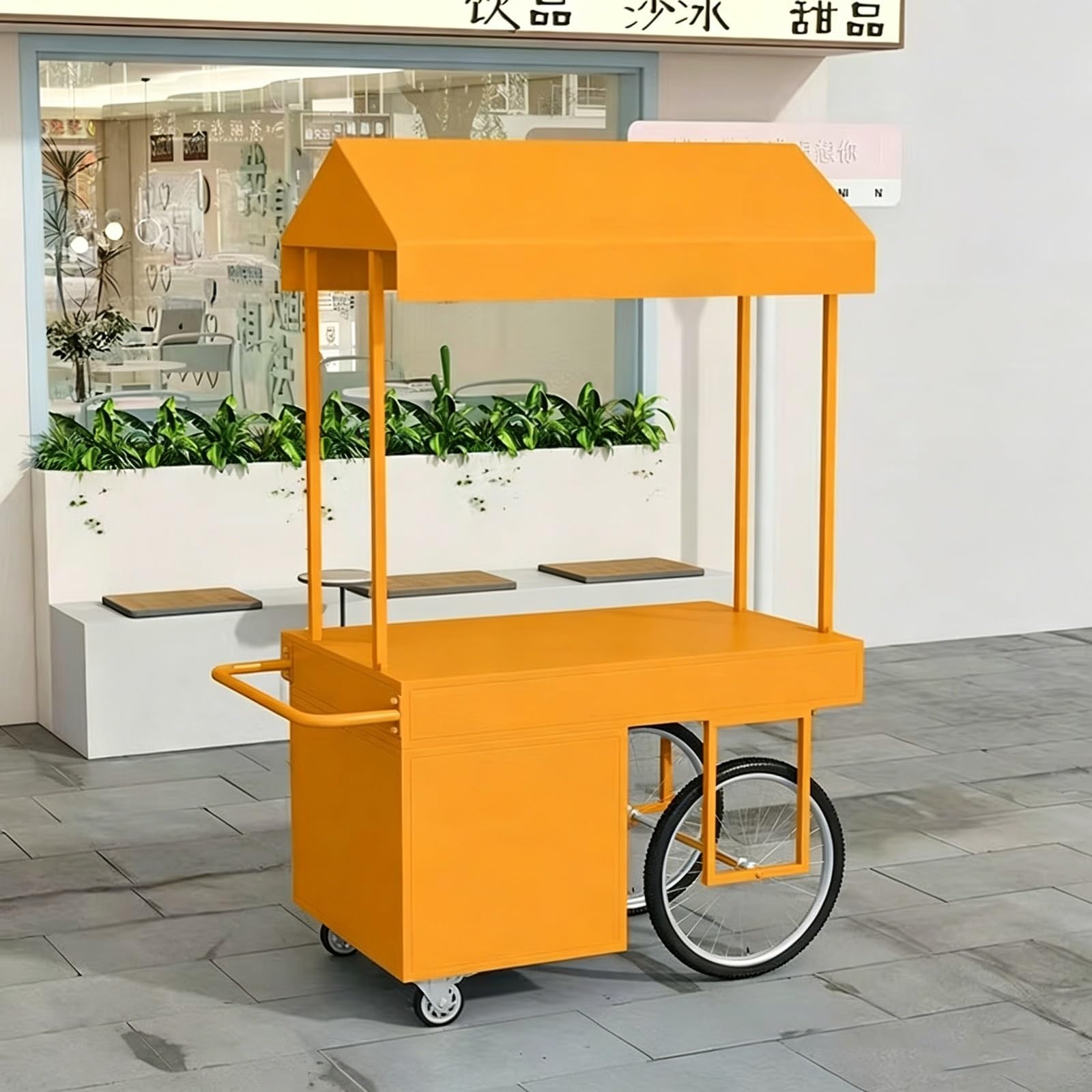 Wózek z Jedzeniem Ulicznym, Metalowy Stojak Targowy z Kołami i Zadaszeniem, Blokowane Kółka, Stojak na Lemoniadę na Targowisko, Imprezy, Stoisko(Orange,120x60x200cm/47x24x79in)